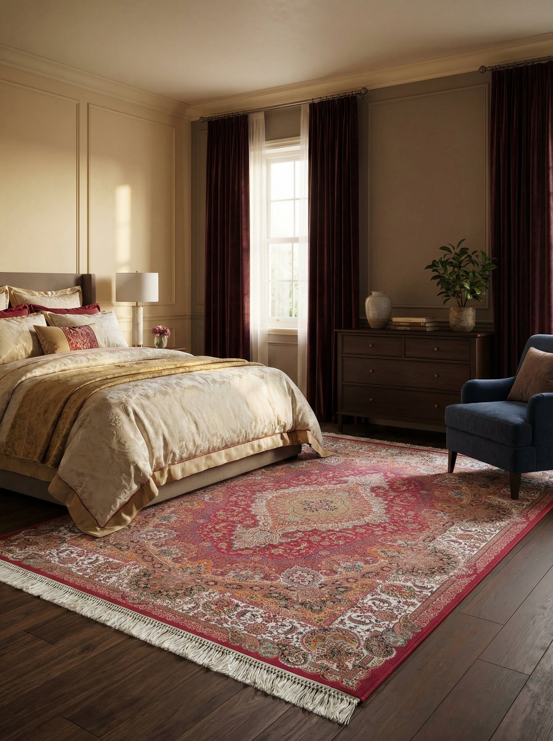 Tapis rectangulaire rouge à motifs persans complexes crème et or avec franges blanches, posé sur un parquet dans une chambre élégante