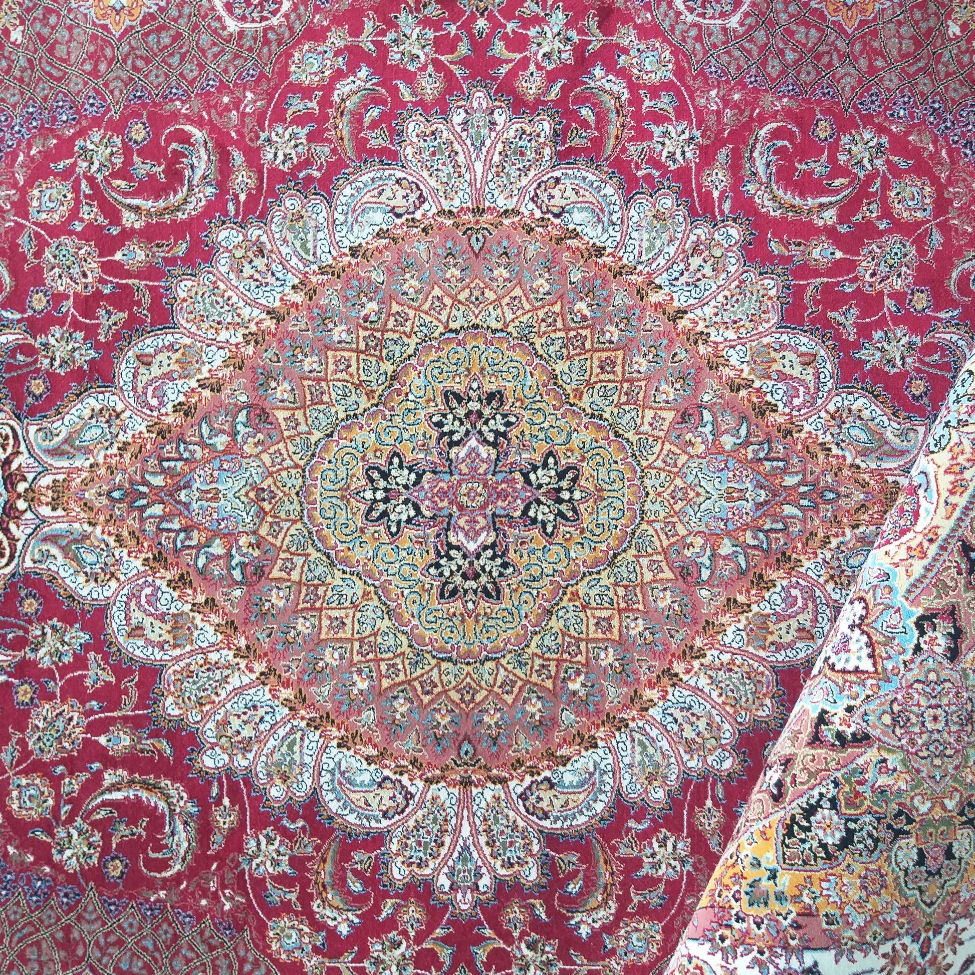 Tapis rouge orné d'un médaillon et de motifs floraux persans complexes en or, bleu, blanc et noir, un bord est relevé