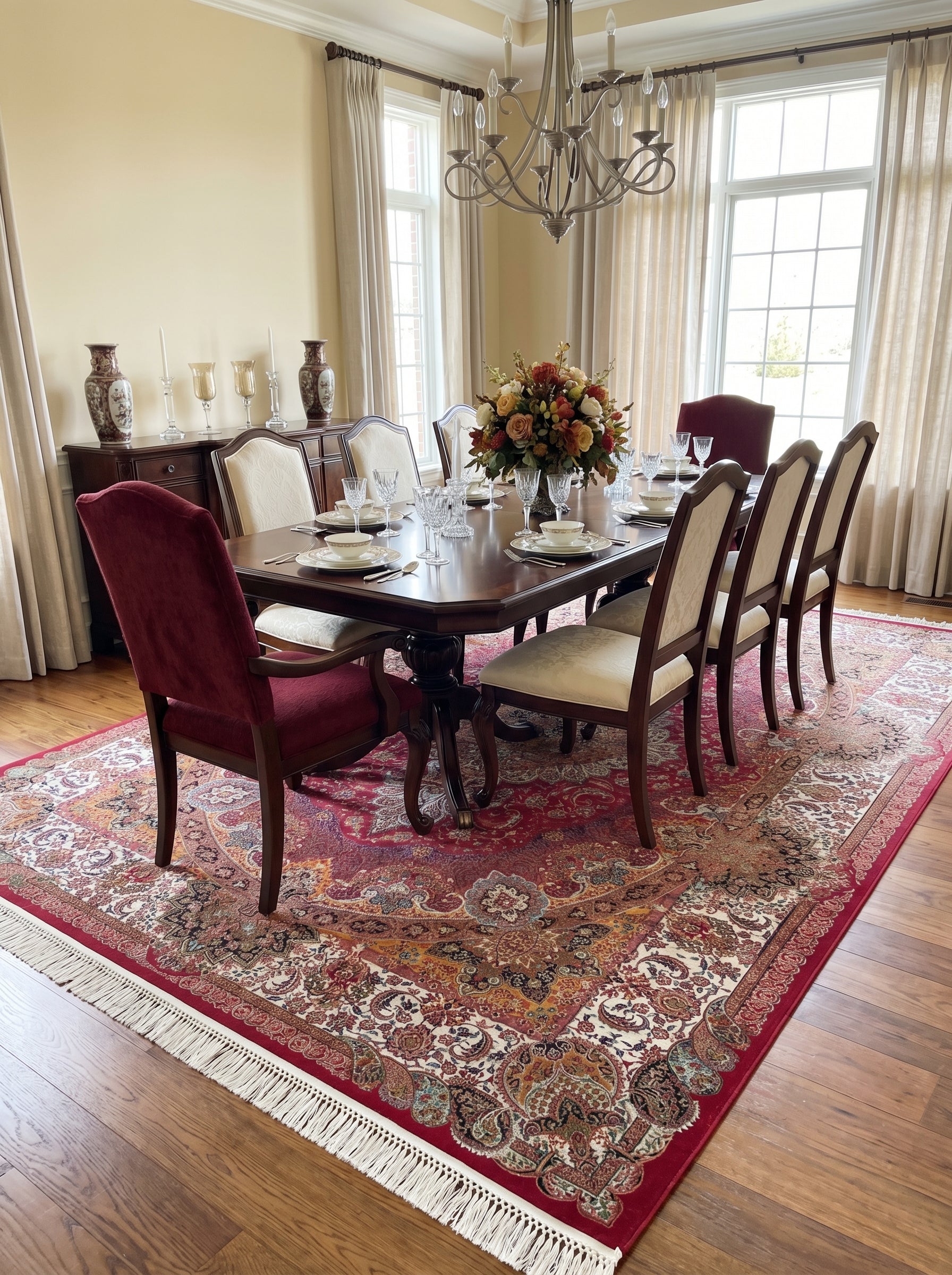 Tapis rectangulaire rouge, crème et doré aux motifs orientaux complexes, avec franges claires, dans une salle à manger élégante