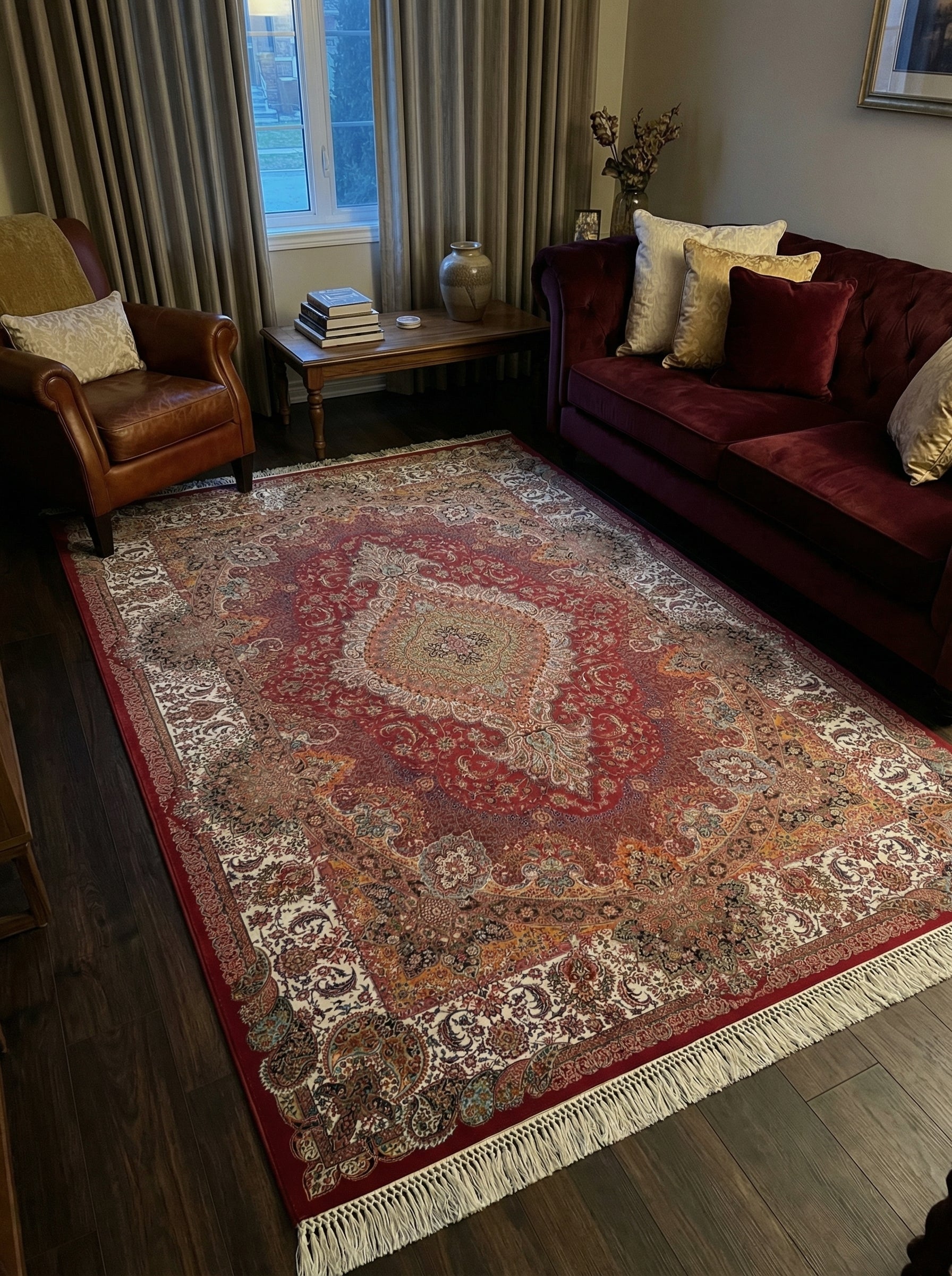 Tapis rectangulaire rouge bordeaux aux motifs floraux et cachemire complexes en crème, or et bleu, avec franges blanches. Il est posé sur un parquet sombre dans un salon élégant