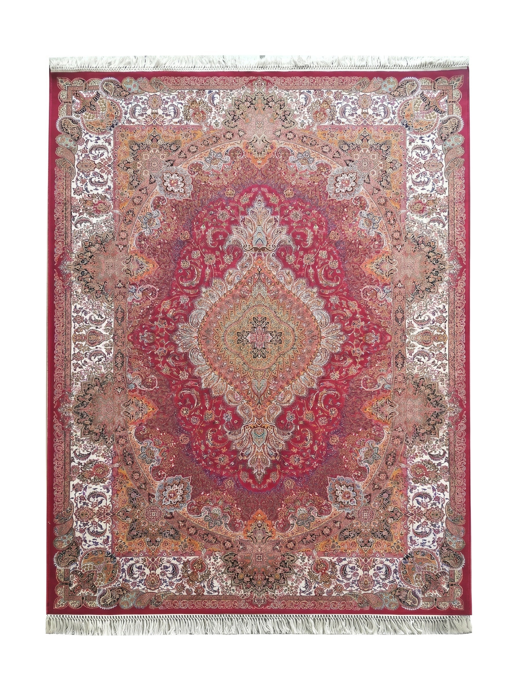 Tapis rouge vif à motifs persans orné d'un médaillon central et de bordures florales riches, avec des franges blanches