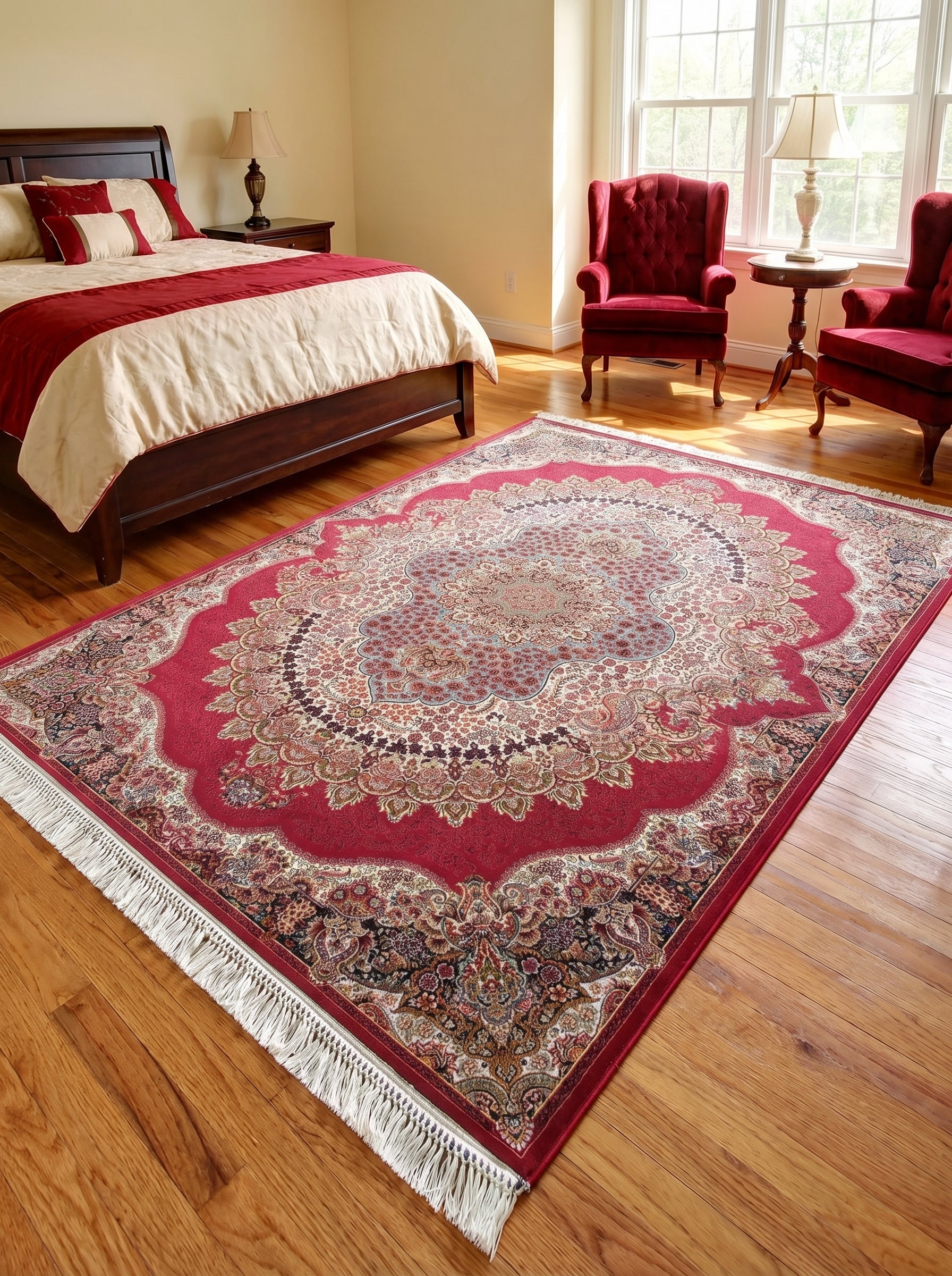 Grand tapis rectangulaire rouge à motifs floraux et médaillon central beige, bleu et or, avec franges, posé sur un parquet dans une chambre