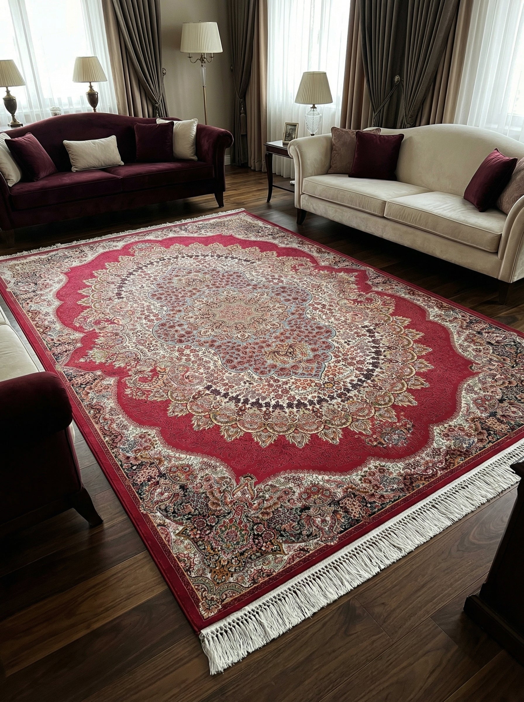 Tapis rectangulaire rouge vif et crème, orné de motifs floraux complexes et d'un médaillon central, posé sur un parquet sombre dans un salon
