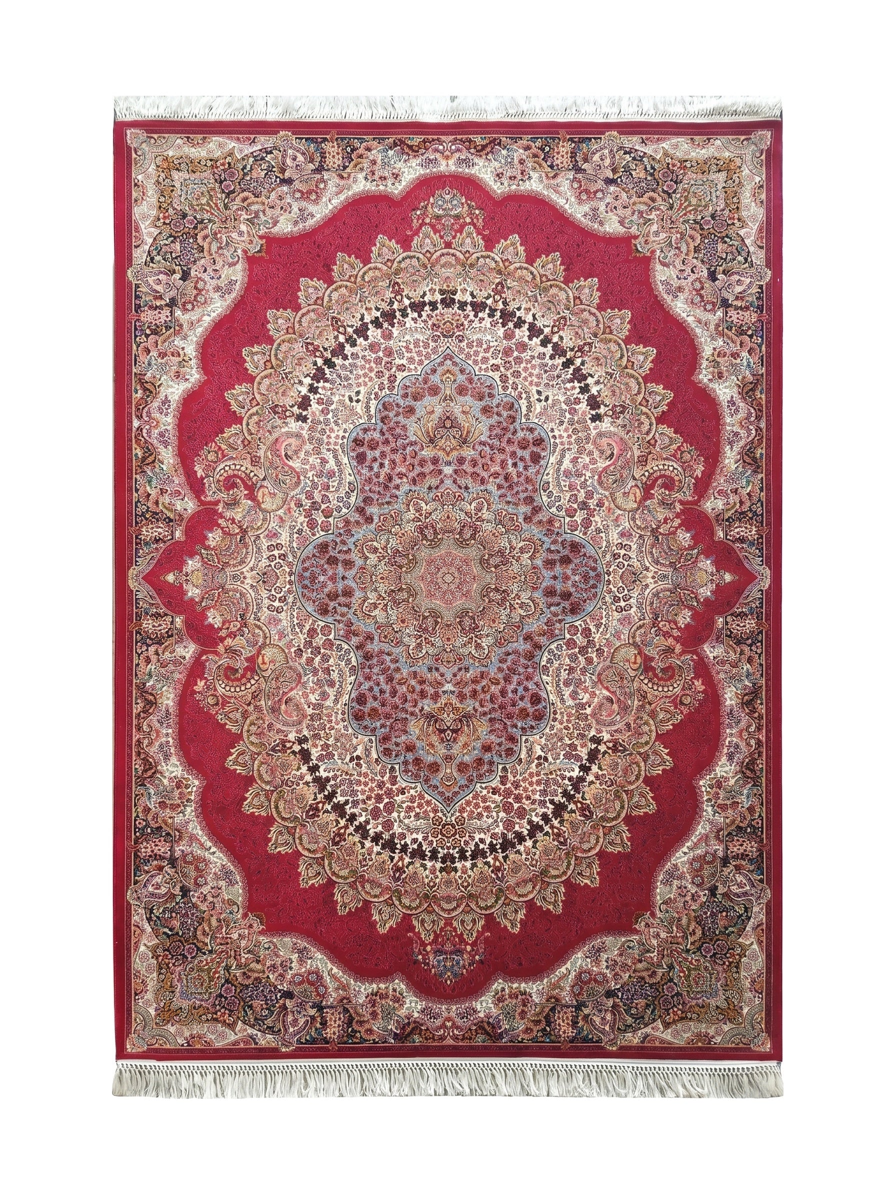 Tapis rouge orné d'un grand médaillon central et de motifs floraux détaillés en blanc, bleu, et or, avec des franges blanches