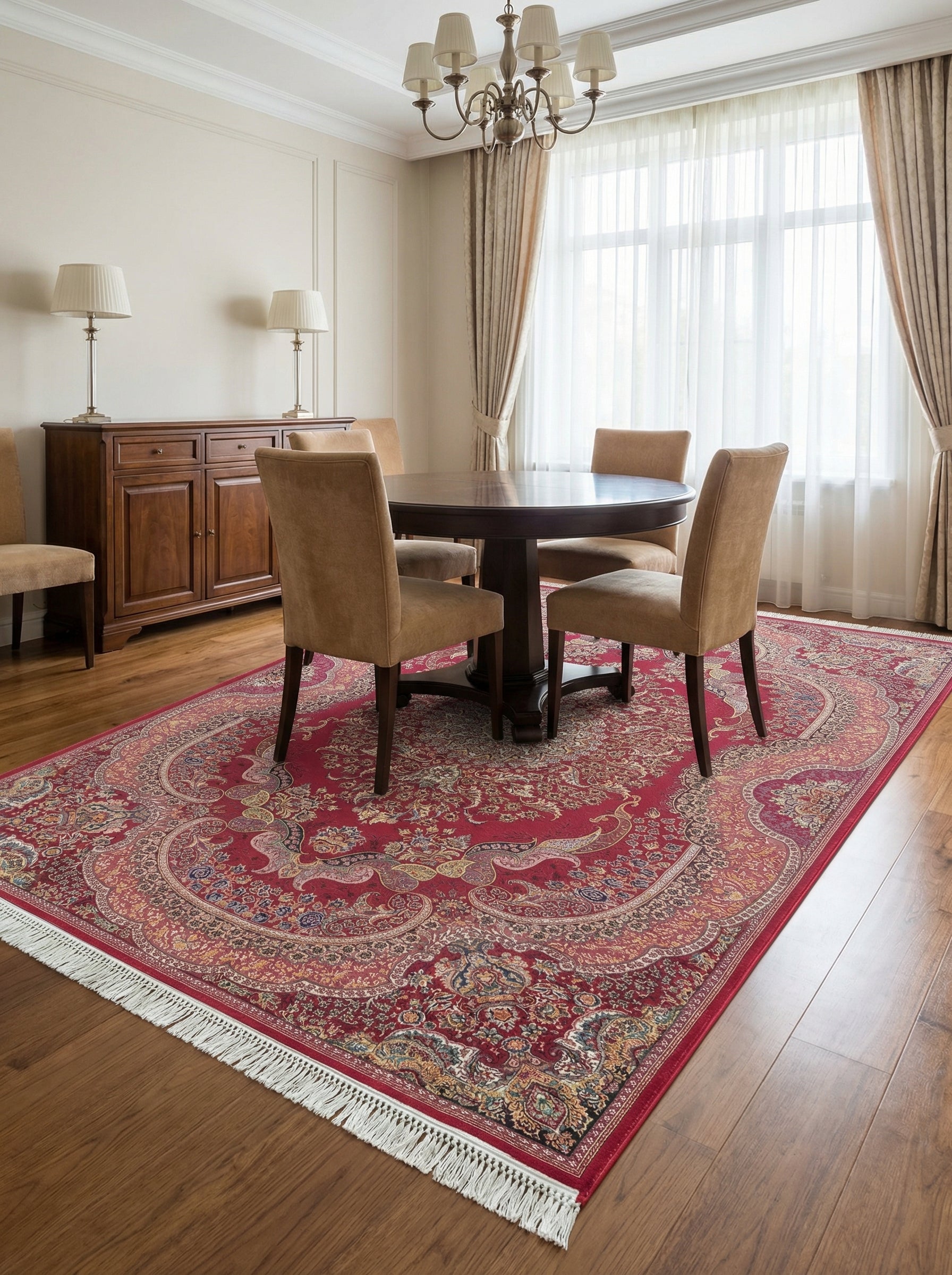 Tapis rectangulaire rouge bordeaux à motifs floraux et cachemire dorés, bleus, crème, avec franges, dans une salle à manger élégante