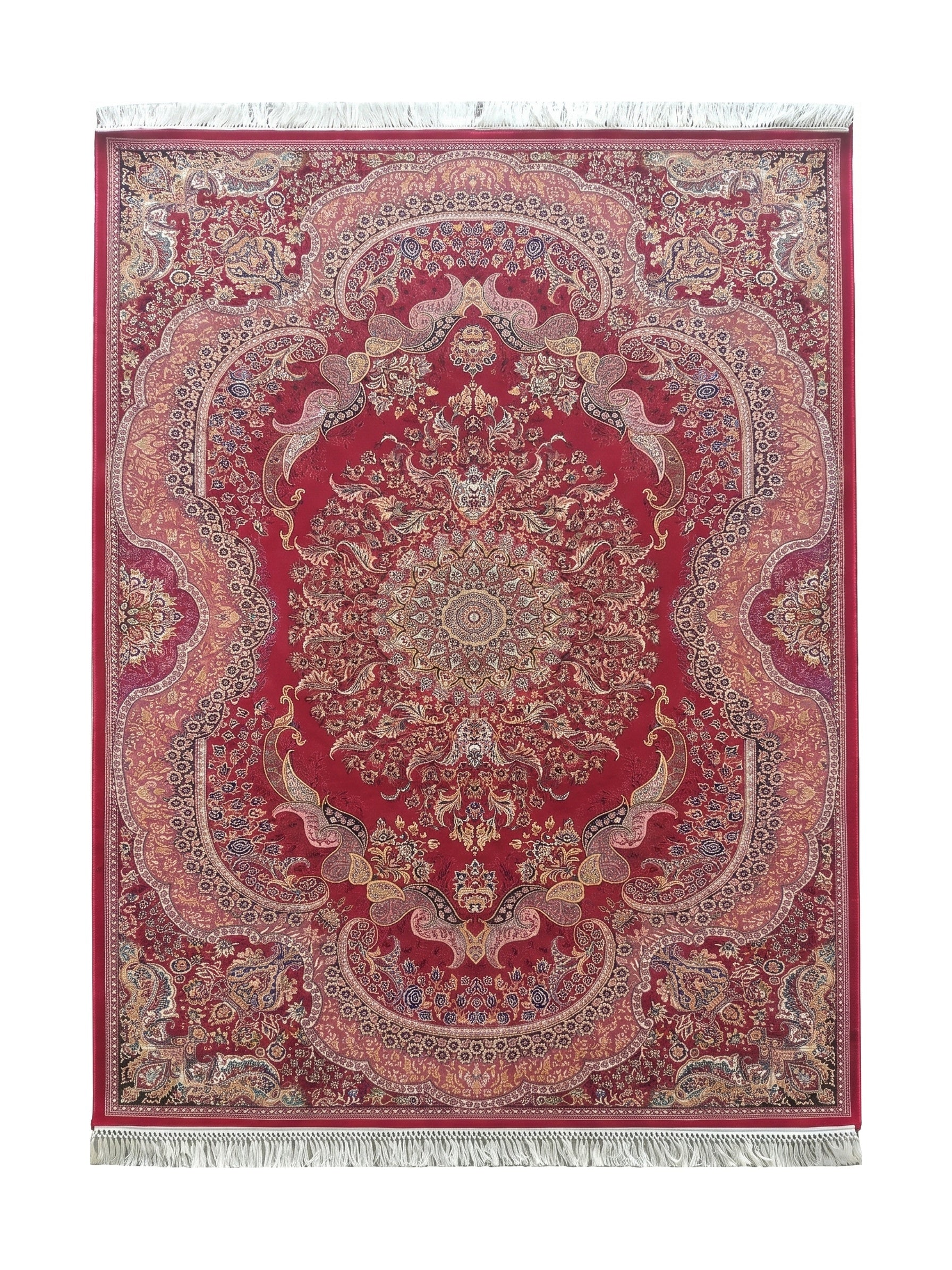 Tapis rouge orné de motifs floraux et arabesques complexes multicolores avec un grand médaillon central et des franges claires