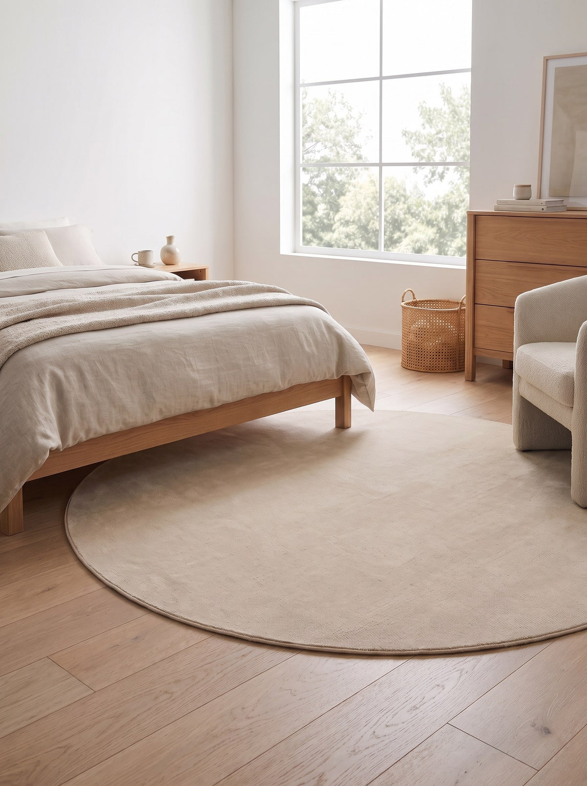 Wollteppich rund Leinenbeige - Velluto neben dem Bett im Schlafzimmer eines Architektenhauses, auf hellen Eichendielen