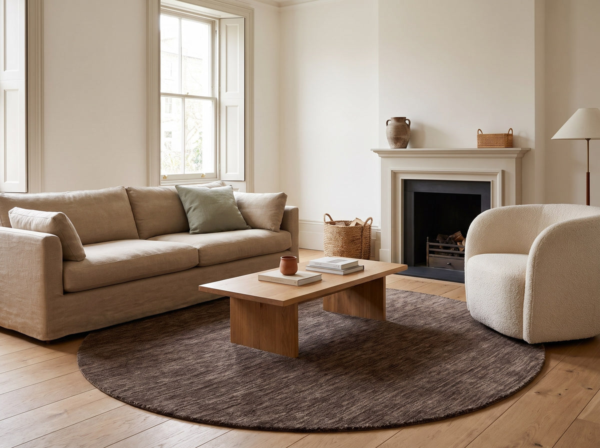 Inspiration déco : Tapis Rond 100% Laine Brun Chocolat - Filato dans le salon d'une maison de ville rénovée
