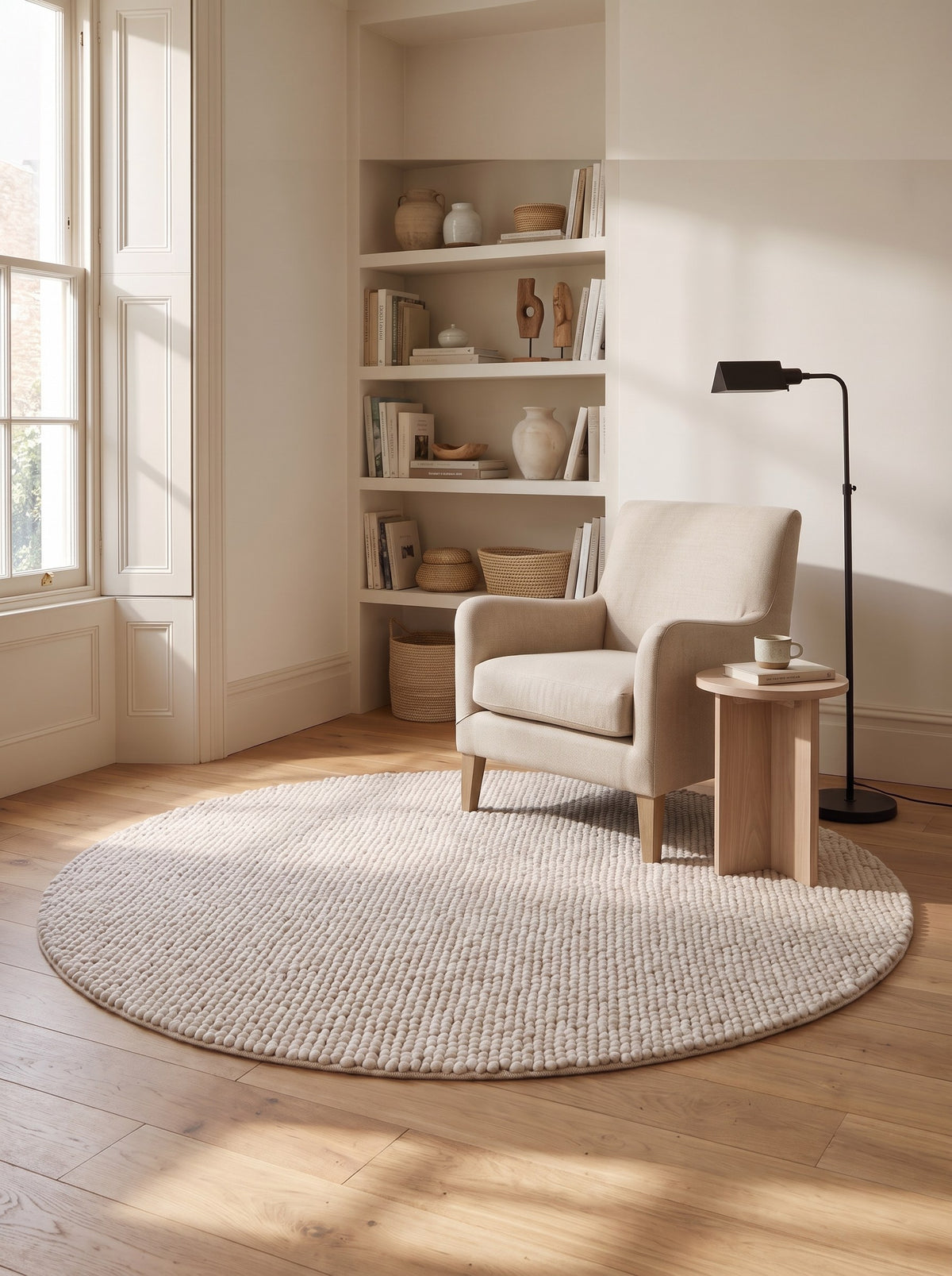 Ecru Round 100% Wool Rug - Ciottolo in the reading nook of a renovated townhouse, on wide oak floorboards