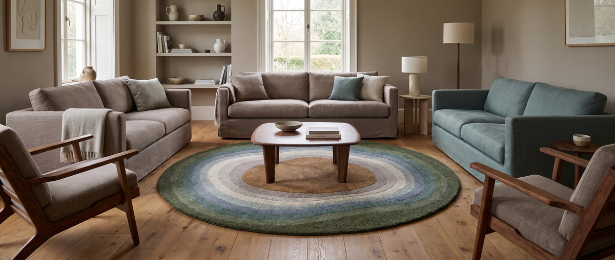 Vert olive, bleu-gris et caramel, ce tapis rond en laine tuftée présente des bandes concentriques dans un salon