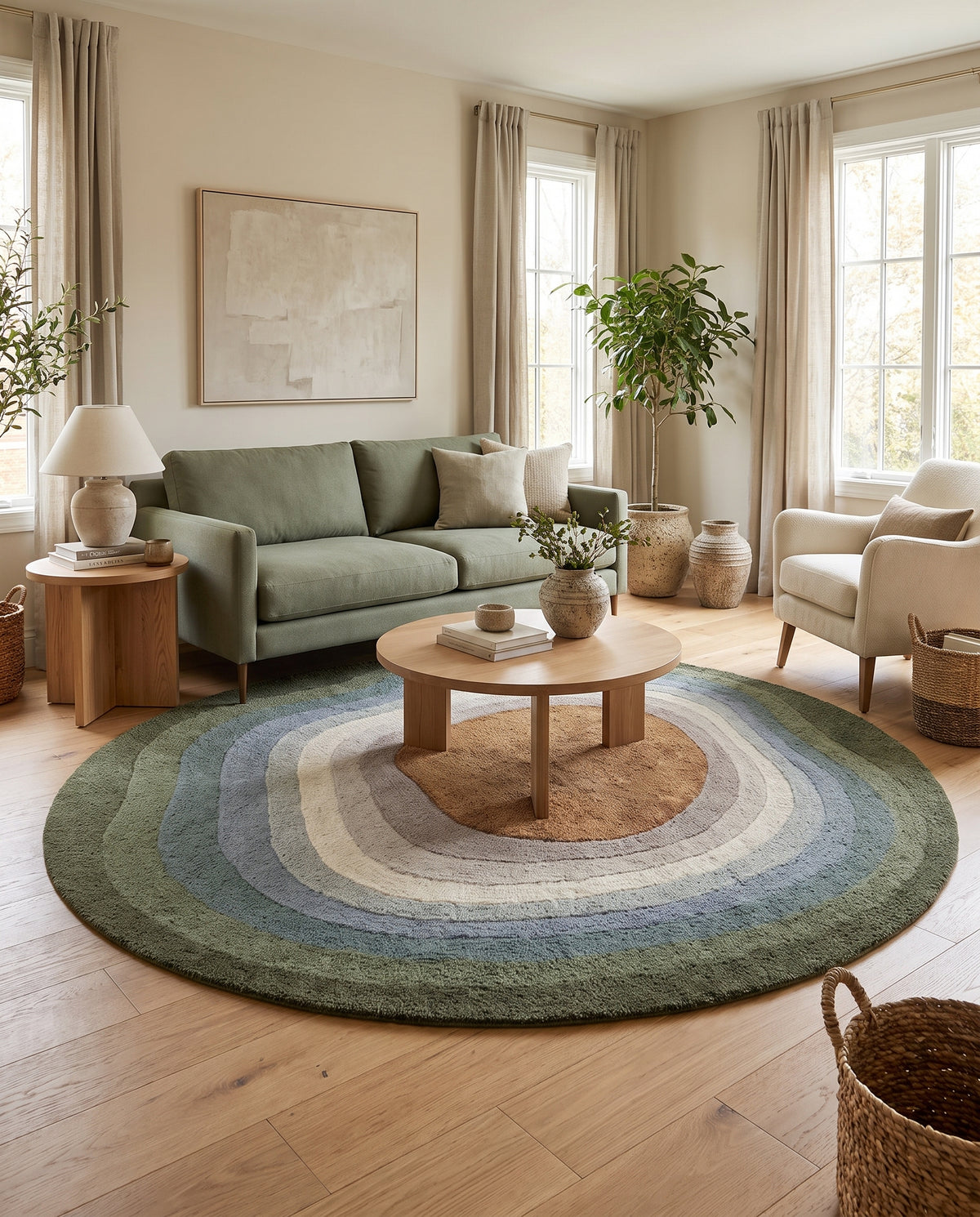 Des bandes organiques concentriques vert olive, bleu-gris et caramel composent ce tapis rond en laine tuftée au sol