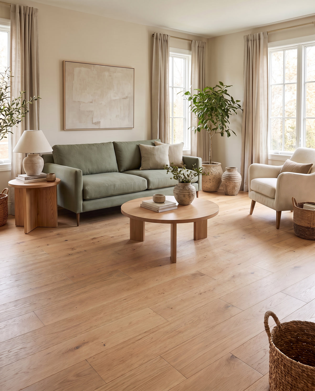 Un parquet clair habille ce salon chaleureux meublé d'un canapé vert, d'un fauteuil crème et de tables en bois, sans tapis