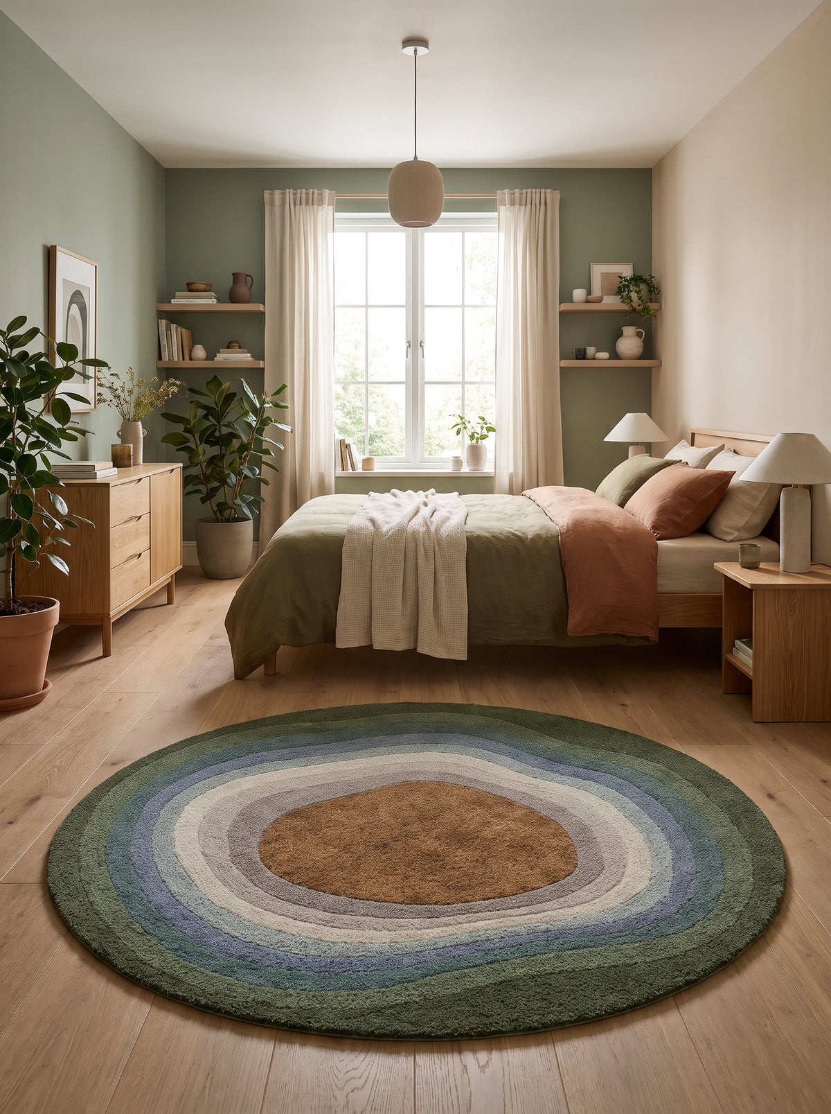 Laine tuftée à poils coupés, ce tapis rond arbore des bandes organiques vert, bleu et caramel dans une chambre