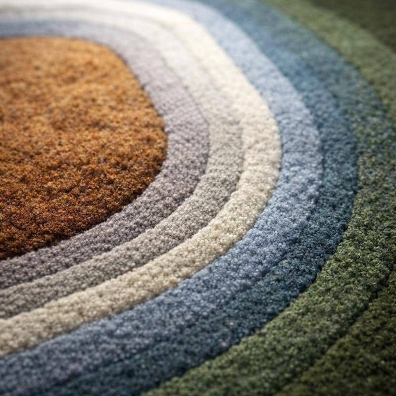 Relief des bandes concentriques de laine tuftée vert, bleu et caramel, détaillant la texture des poils coupés