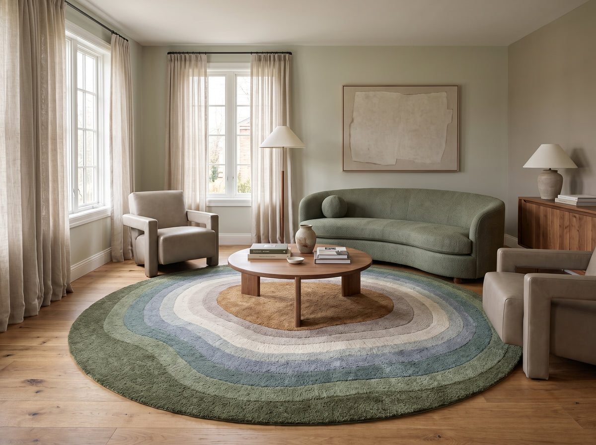 Des bandes concentriques vert olive, bleu-gris et caramel en laine tuftée forment un tapis rond posé dans un salon