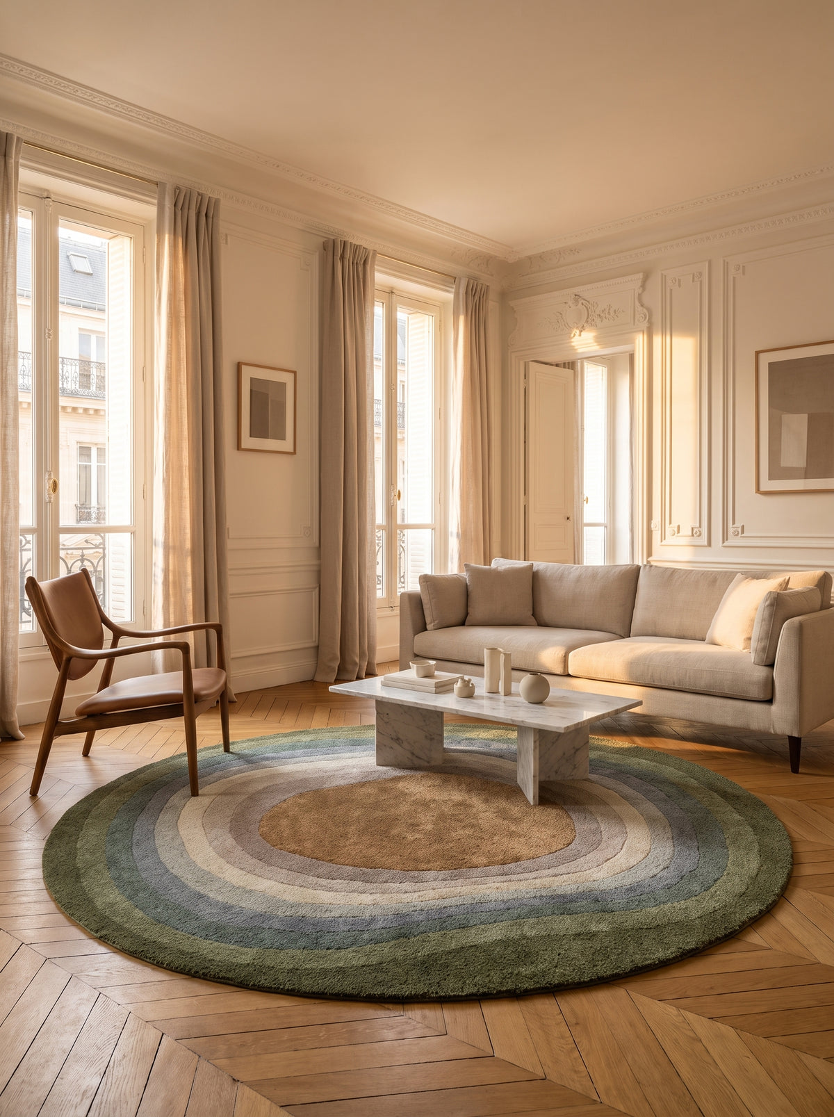Un motif de bandes organiques concentriques vertes, bleues et caramel en laine tuftée au sol d'un salon