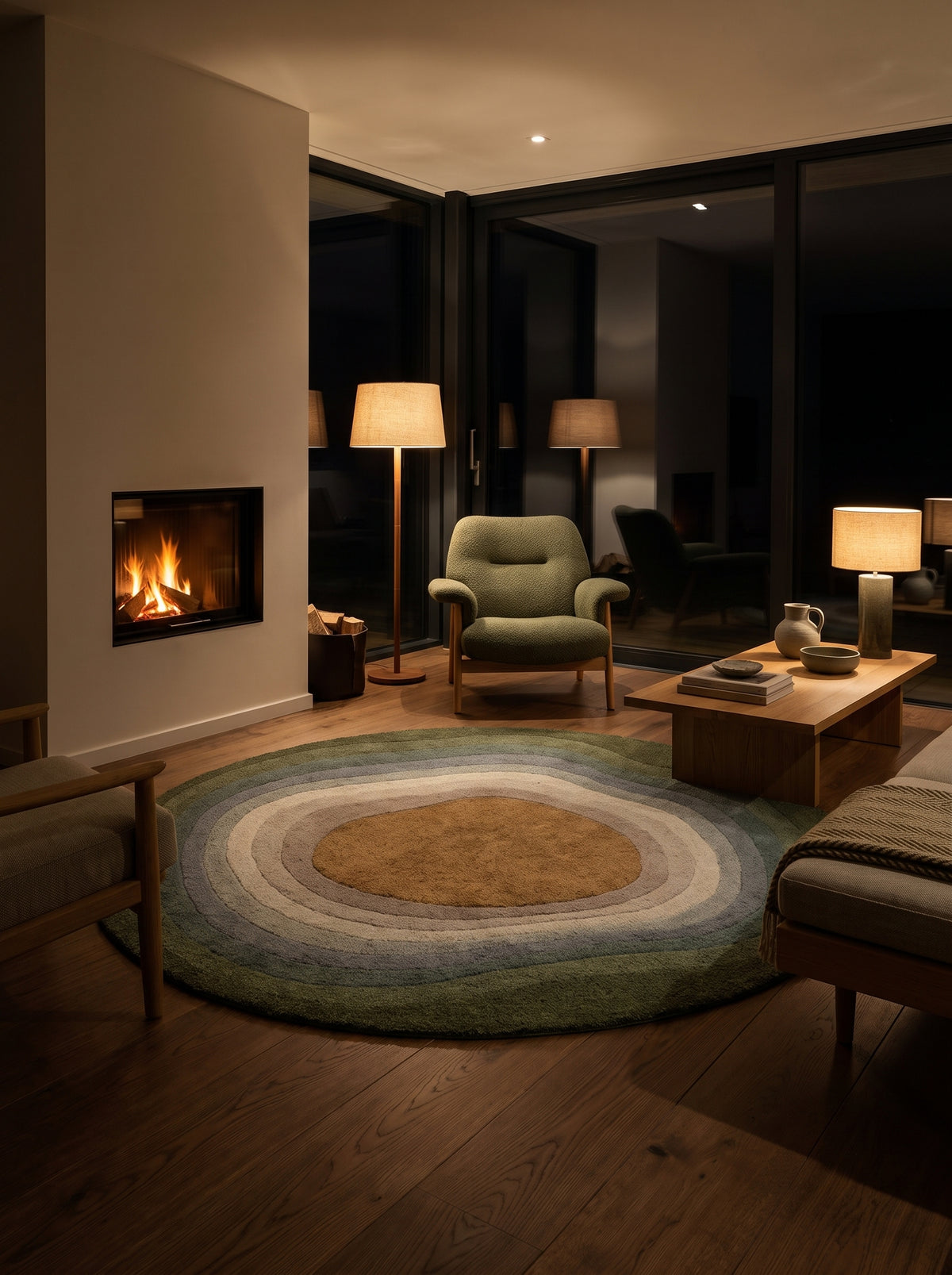 Dans un salon chaleureux, un tapis rond en laine tuftée aux bandes concentriques vertes, bleues et caramel
