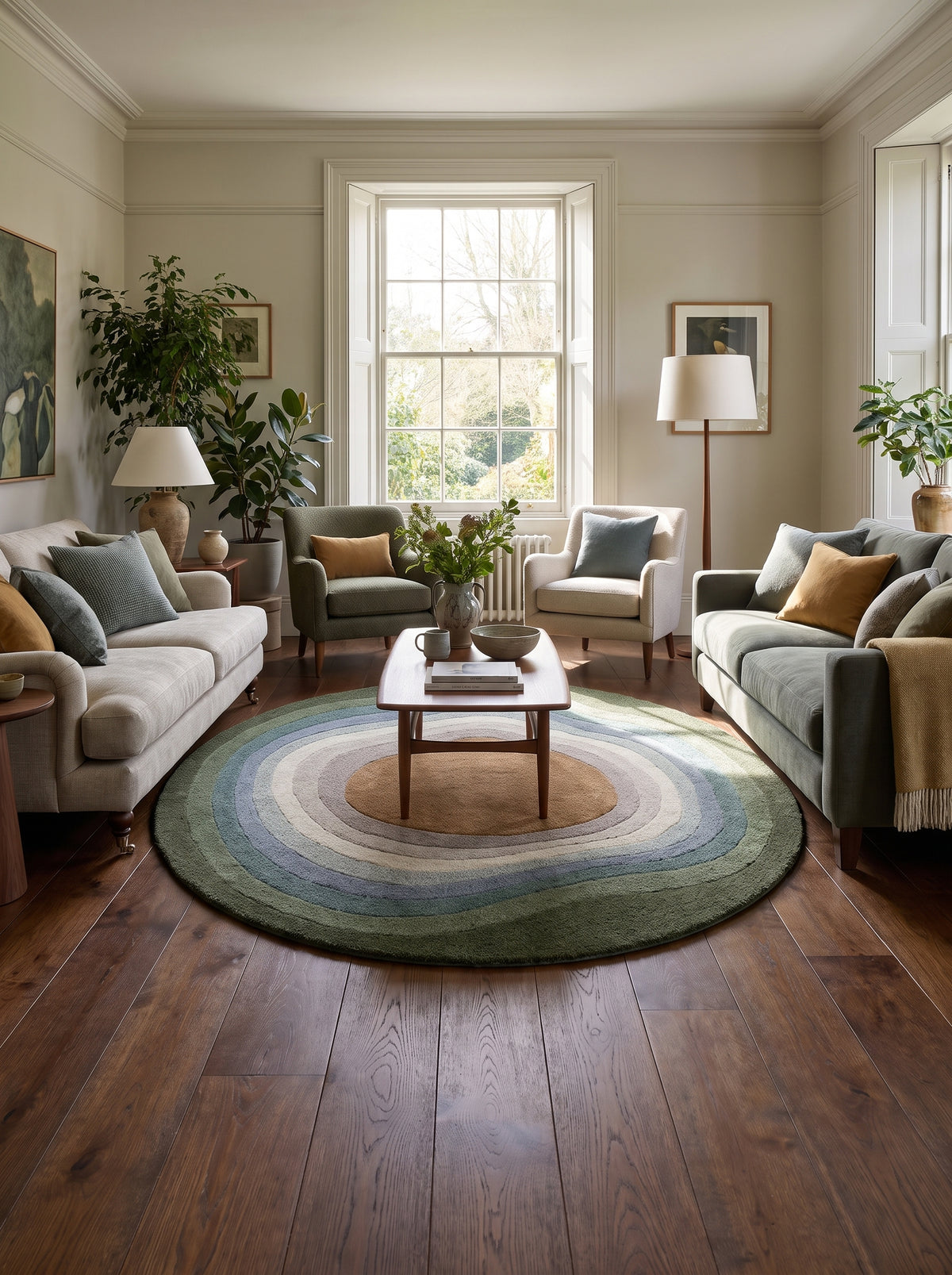 Aux teintes de vert olive et de bleu-gris, un tapis rond en laine tuftée présente des bandes concentriques dans un salon