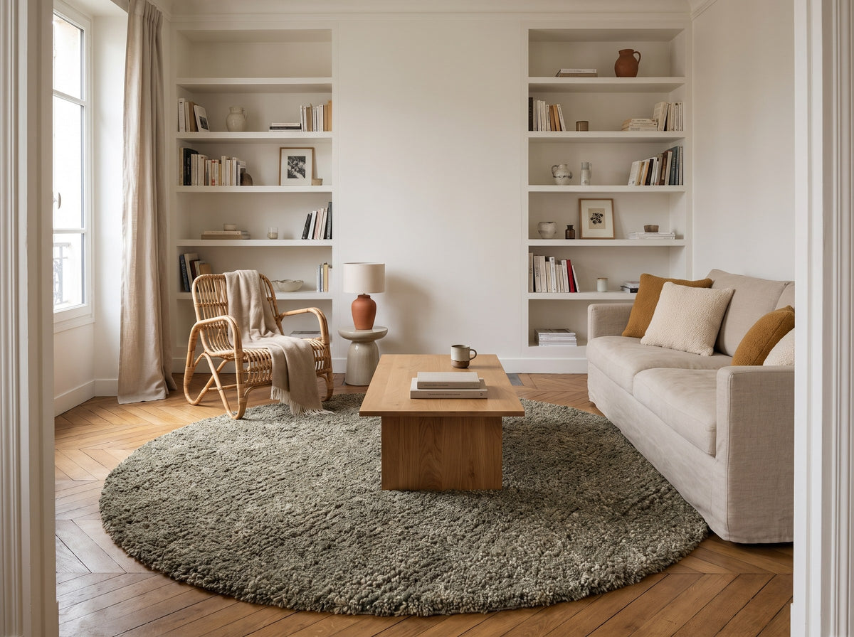 Inspiration déco : Tapis Rond 100% Laine Vert Olive - Folto dans un salon d'appartement ancien au vieux parquet de chêne