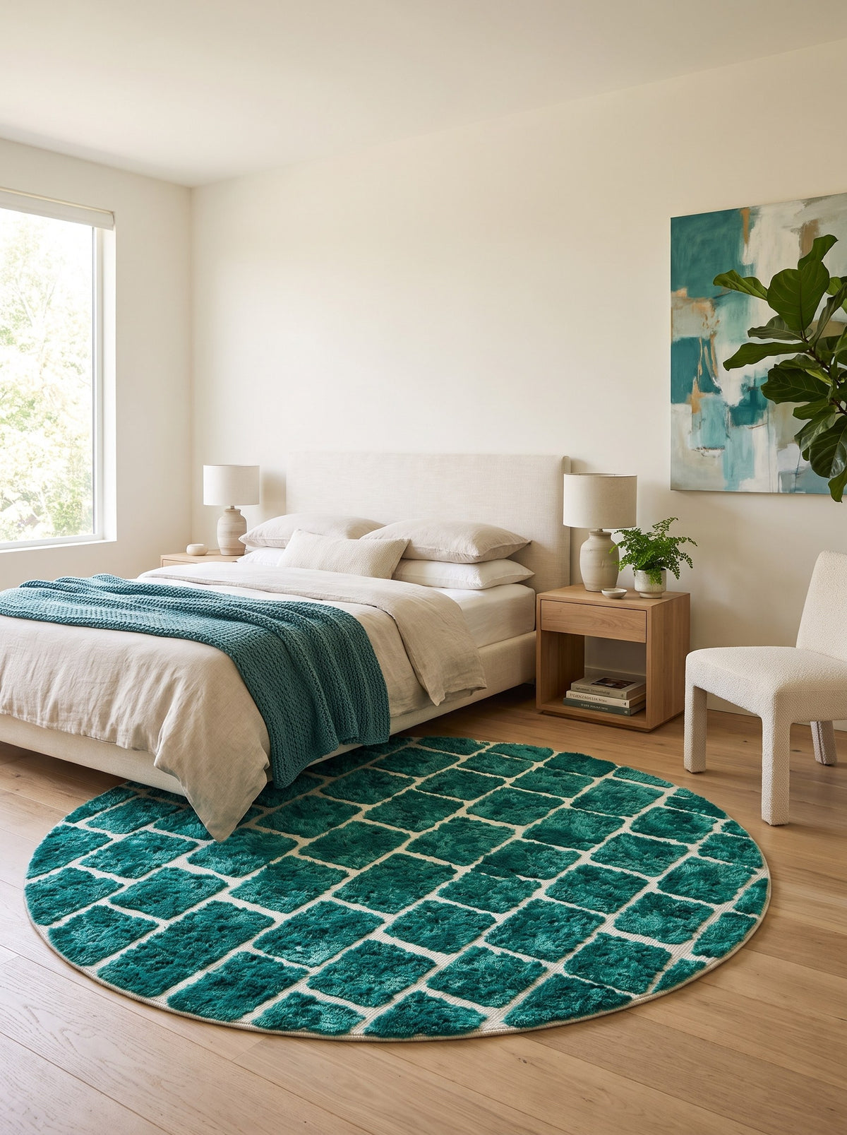 Tapis rond berbère graphique vert émeraude Zoumira dans une chambre, noué main au Maroc