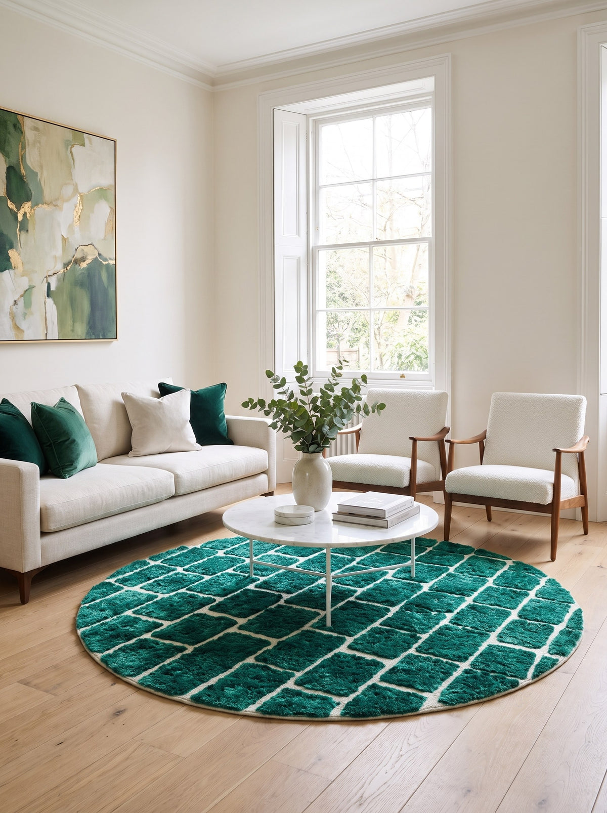 Tapis rond berbère graphique vert émeraude Zoumira dans un autre salon, noué main au Maroc