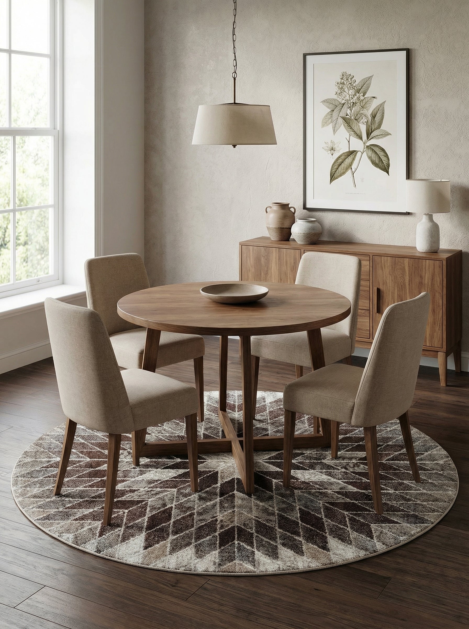 Tapis rond aux motifs géométriques losanges bruns, gris et beiges, placé sous une table dans une salle à manger