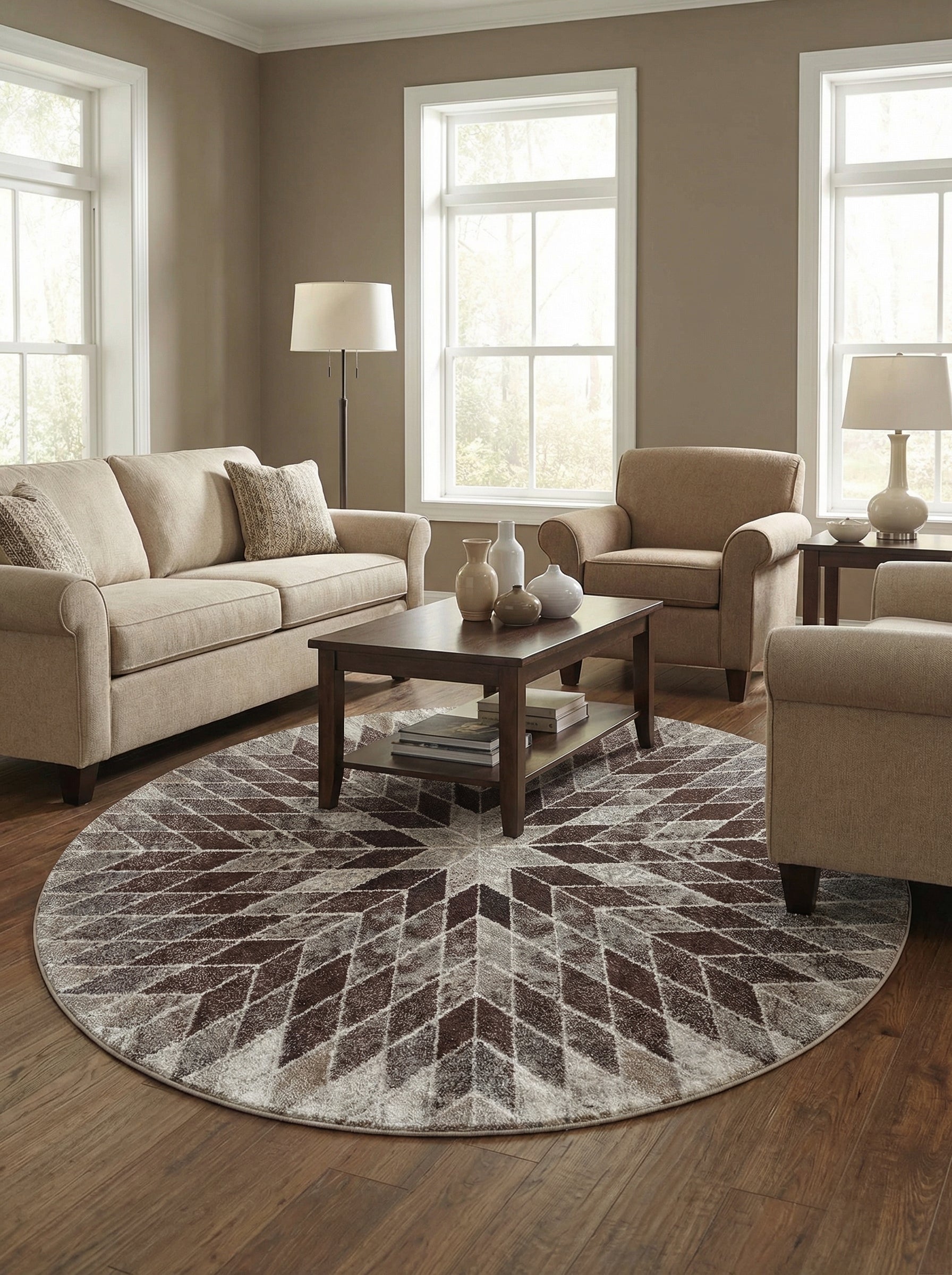 Tapis rond marron, gris et blanc cassé à motifs géométriques étoilés posé dans un salon