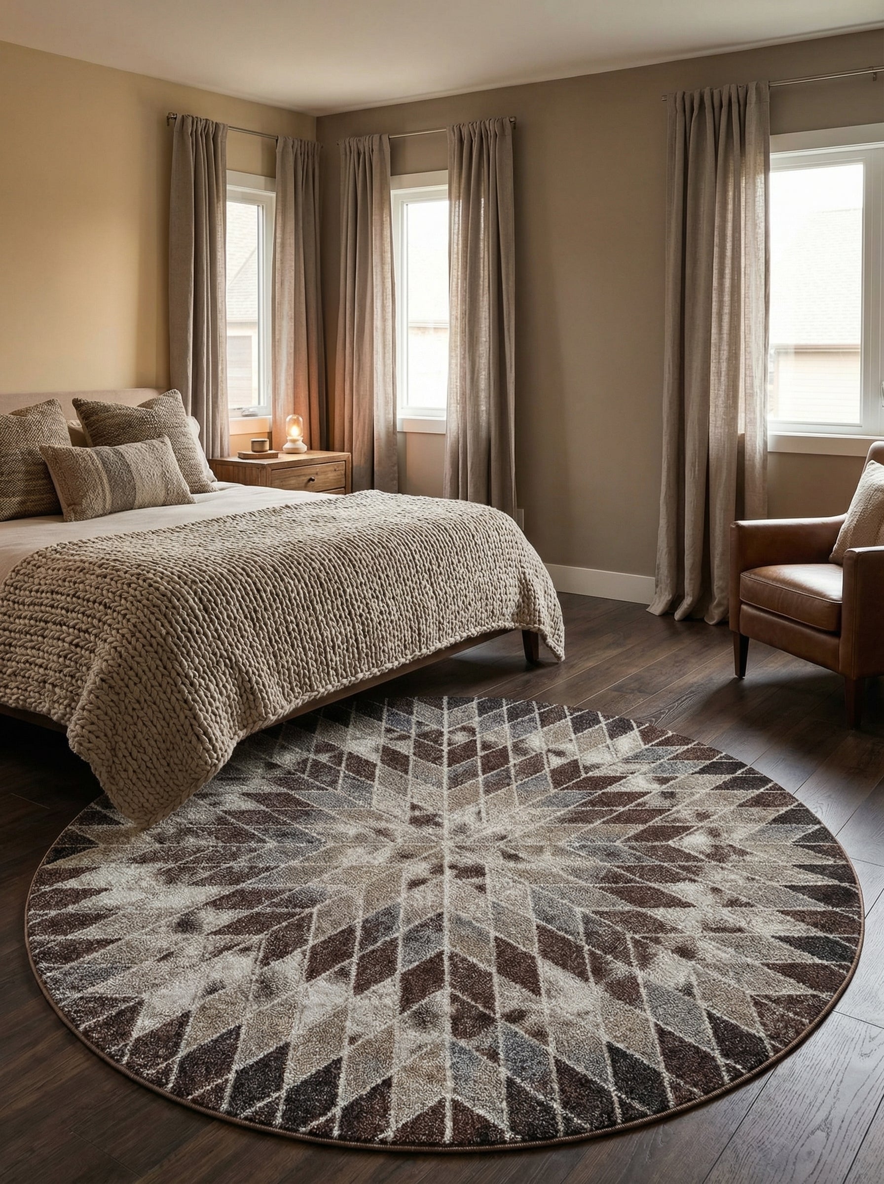Tapis rond shaggy aux motifs géométriques losanges bruns, beiges, gris clairs et foncés, sur parquet sombre dans une chambre