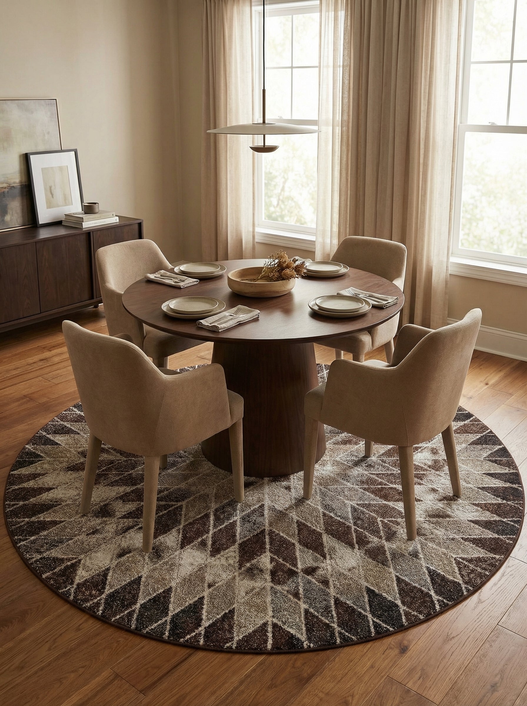 Tapis rond moelleux aux motifs géométriques de losanges bruns, beiges et crème, posé sur un parquet clair dans une salle à manger