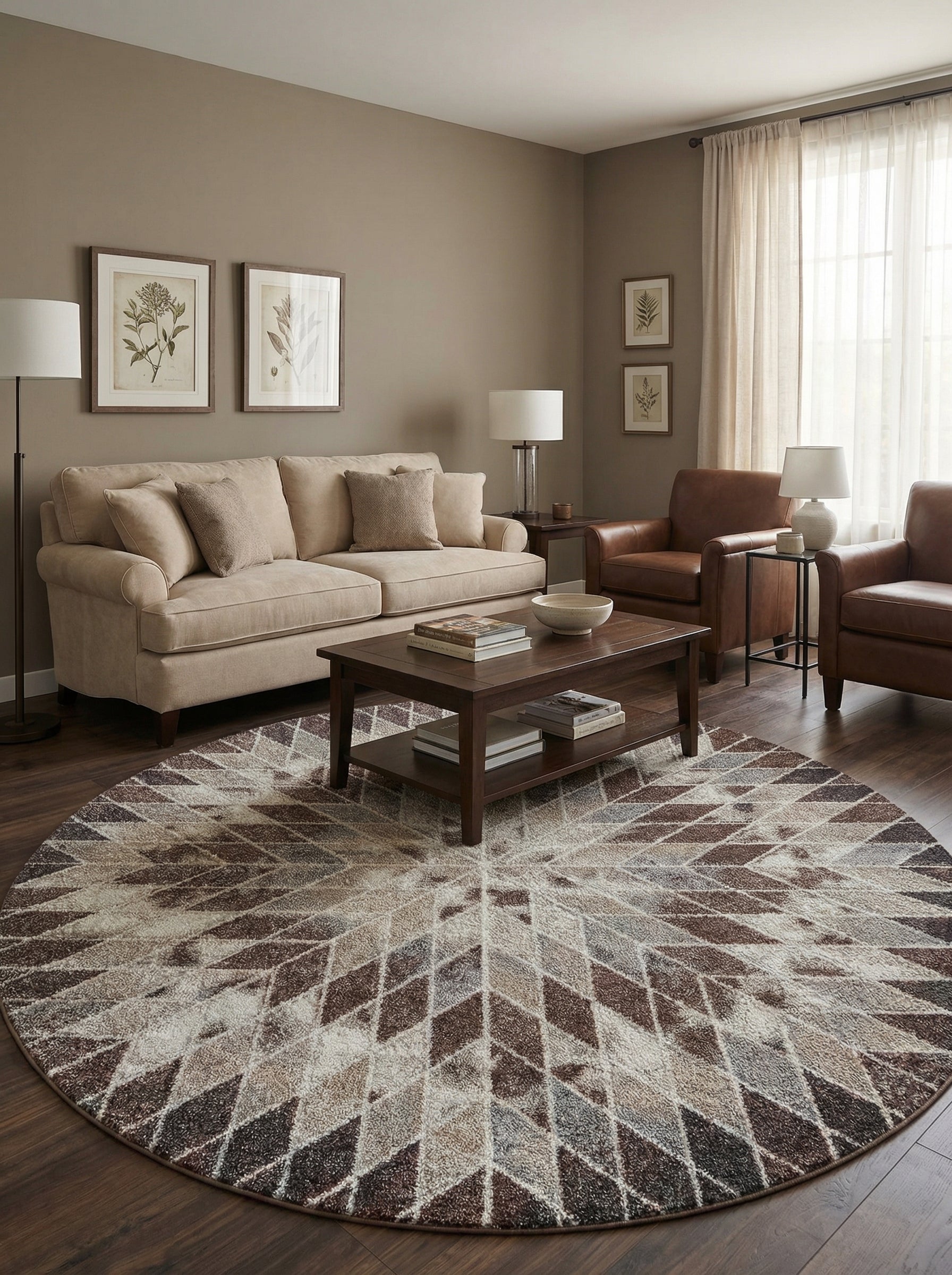 Tapis rond texturé avec motifs géométriques de losanges beiges, marrons et gris, dans un salon meublé