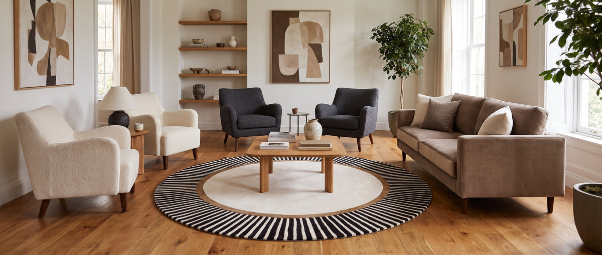 De larges rayures noires et un anneau marron encadrent l'ivoire central de ce tapis rond laine et viscose, en salon