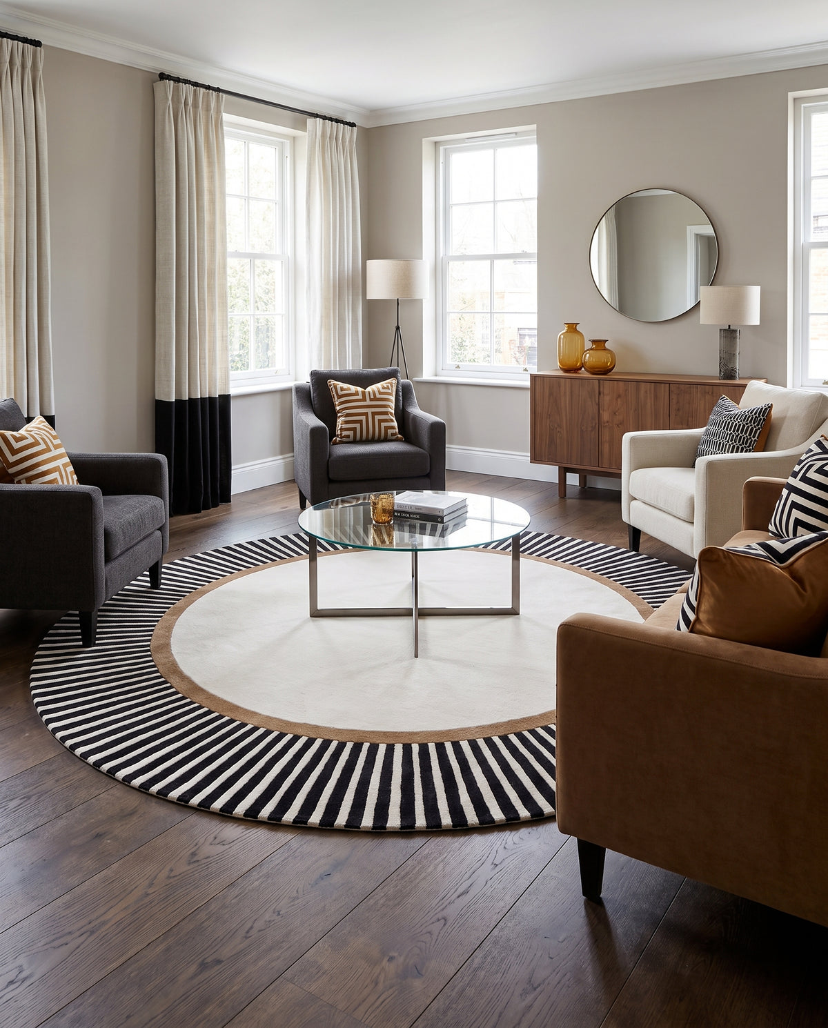 Rayures noires et ivoire encadrent l'anneau marron de ce tapis rond laine et viscose au sol d'un salon