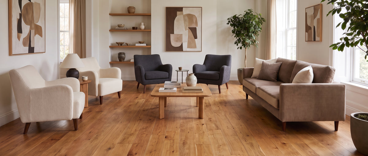 Pièce sans tapis : grand salon au sol parqueté clair, meublé de canapé taupe et fauteuils crème et gris