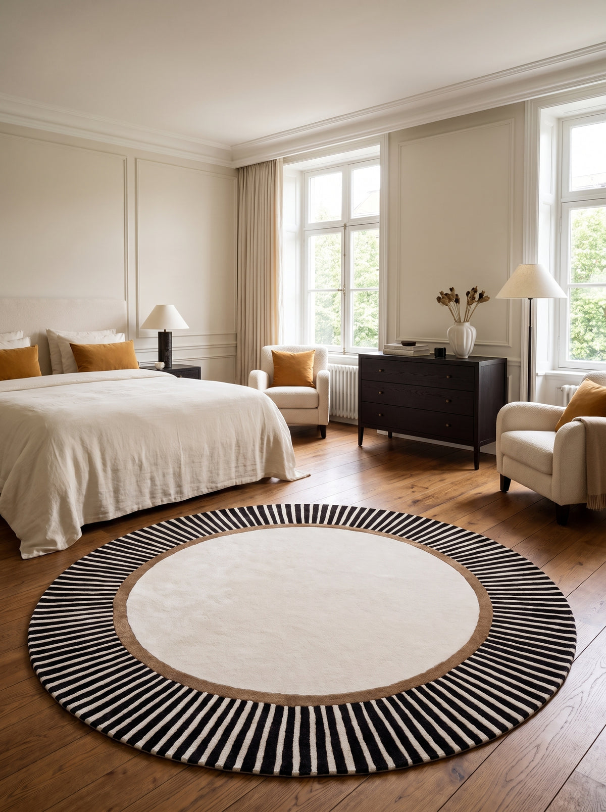 Centre ivoire, anneau marron et rayures noires caractérisent ce tapis rond laine et viscose au sol d'une chambre