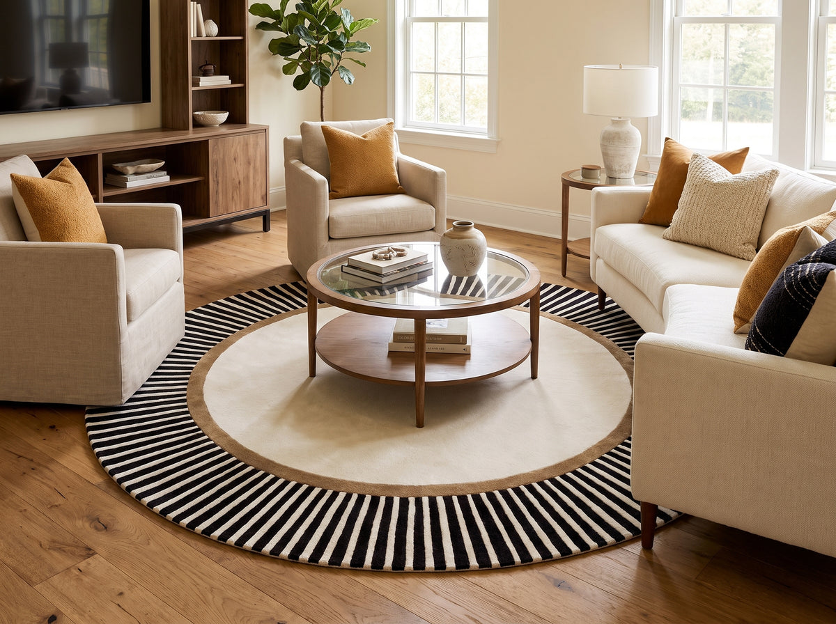 Un motif graphique de rayures noires, anneau marron et centre ivoire compose ce tapis rond laine et viscose, en salon