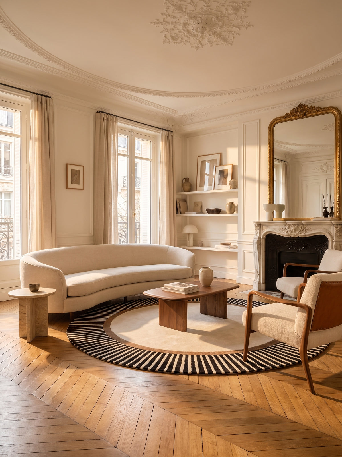 Motif circulaire ivoire, marron et rayures noires pour ce tapis rond en laine et viscose dans un salon haussmannien