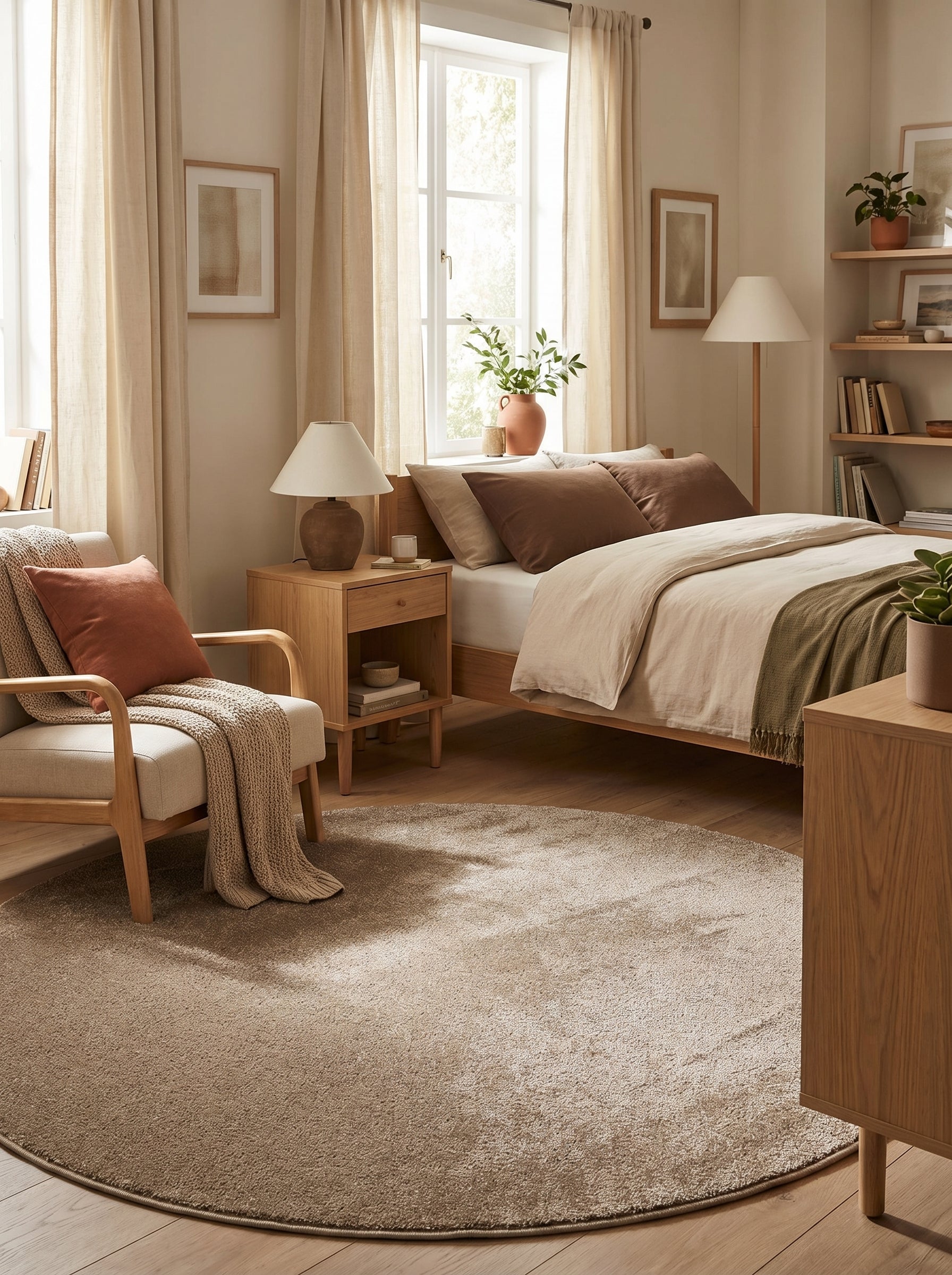 Tapis rond épais beige clair à texture shaggy posé sur parquet, dans une chambre aux tons naturels et lumineuse