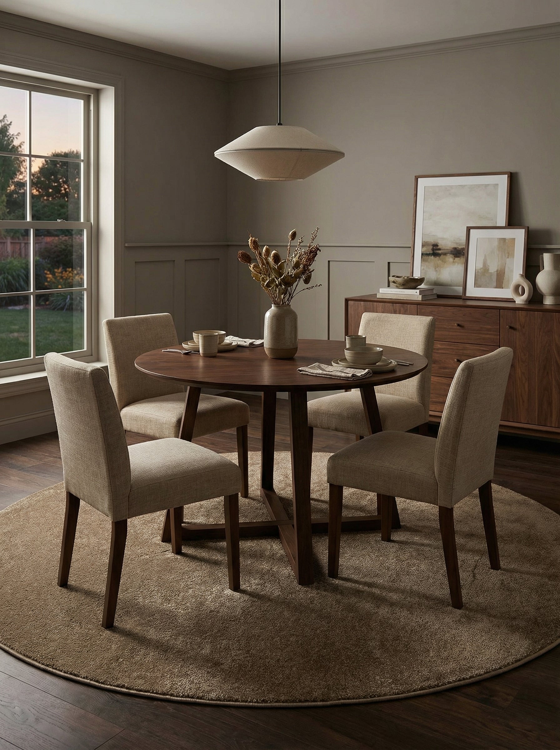 Tapis rond uni beige-taupe clair à texture moelleuse sous une table à manger dans une salle à manger moderne
