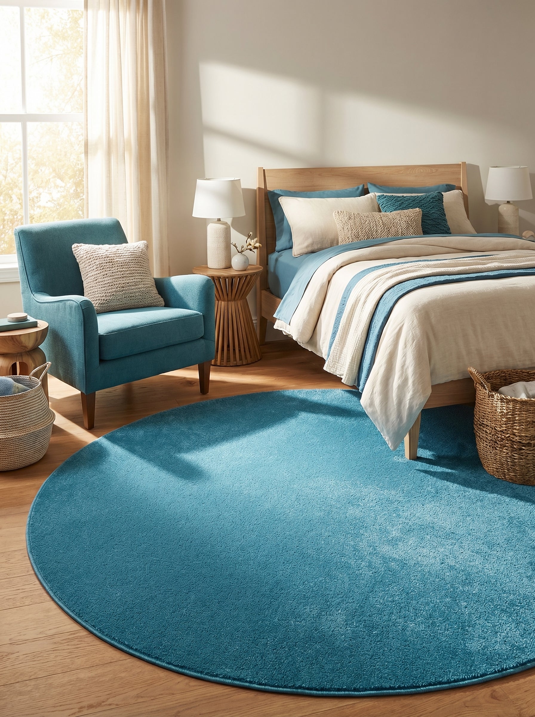 Tapis rond bleu turquoise profond et moelleux posé sur un plancher en bois clair dans une chambre
