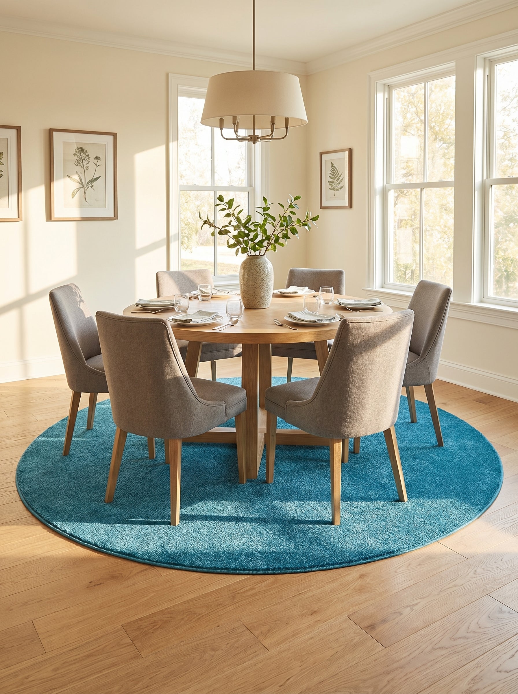 Tapis rond bleu sarcelle uni, à l'aspect moelleux, sous une table à manger en bois dans une salle à manger lumineuse