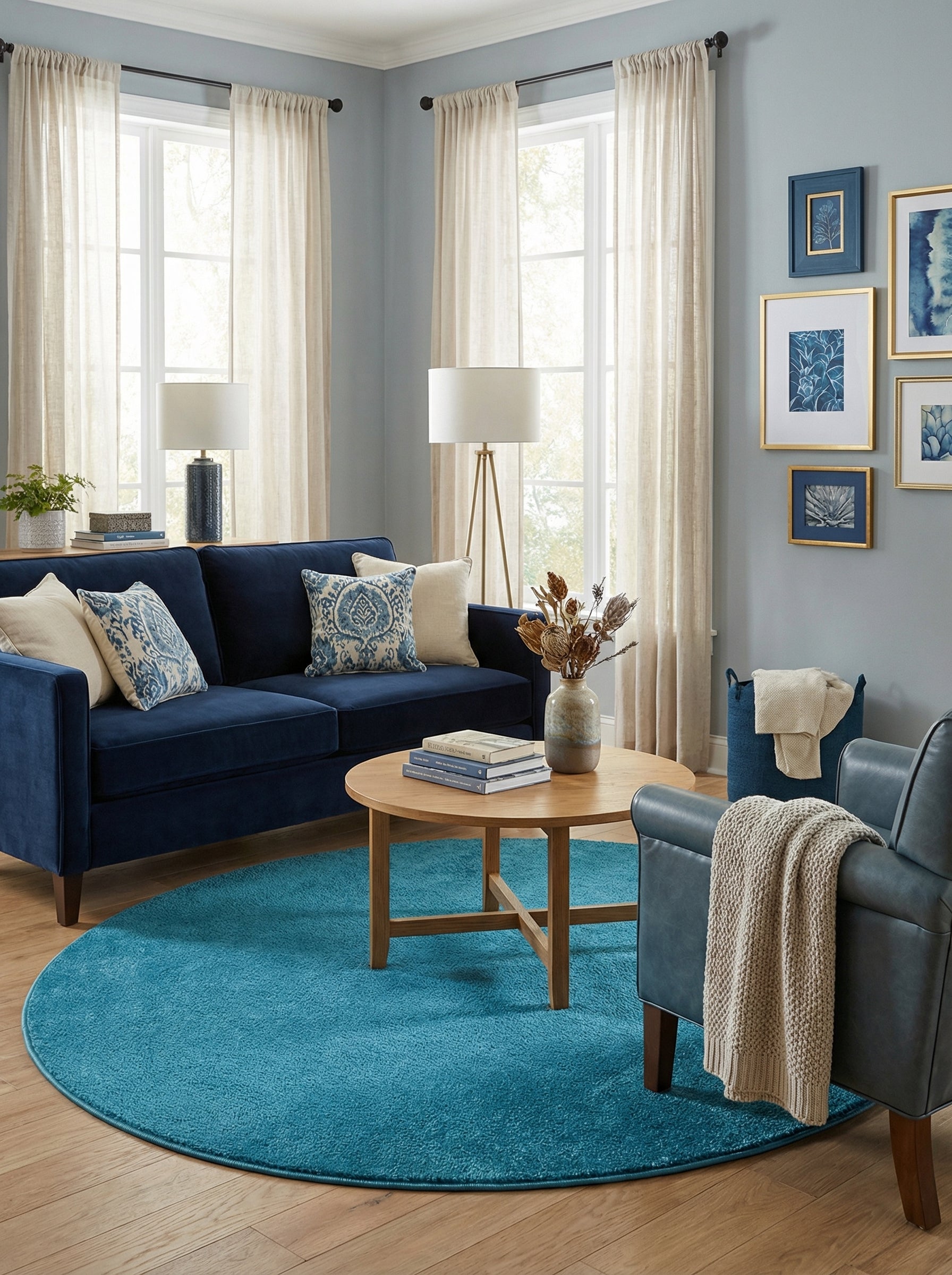 Tapis rond bleu sarcelle moelleux sur un parquet, au centre d'un salon décoré
