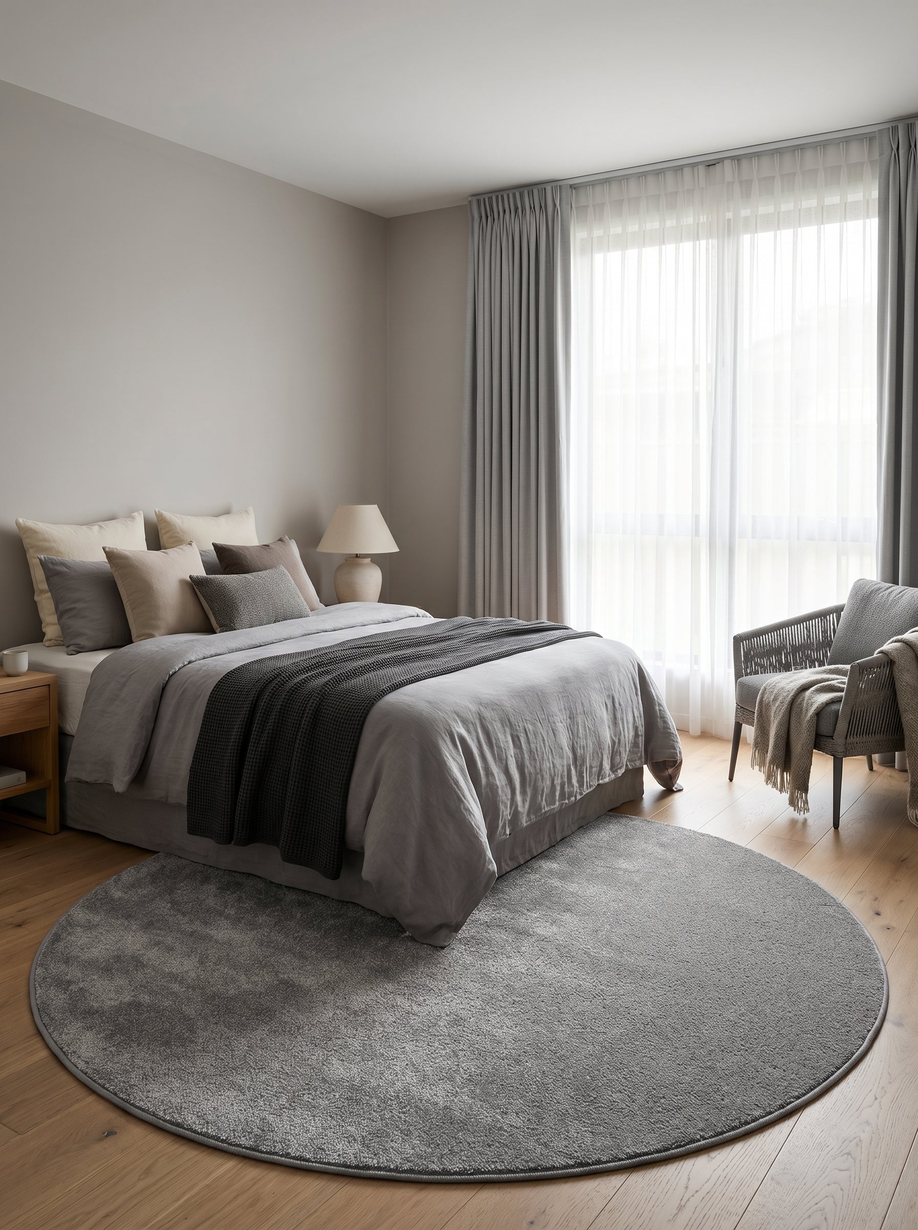 Tapis rond gris à texture douce et unie, posé sur le parquet d'une chambre lumineuse