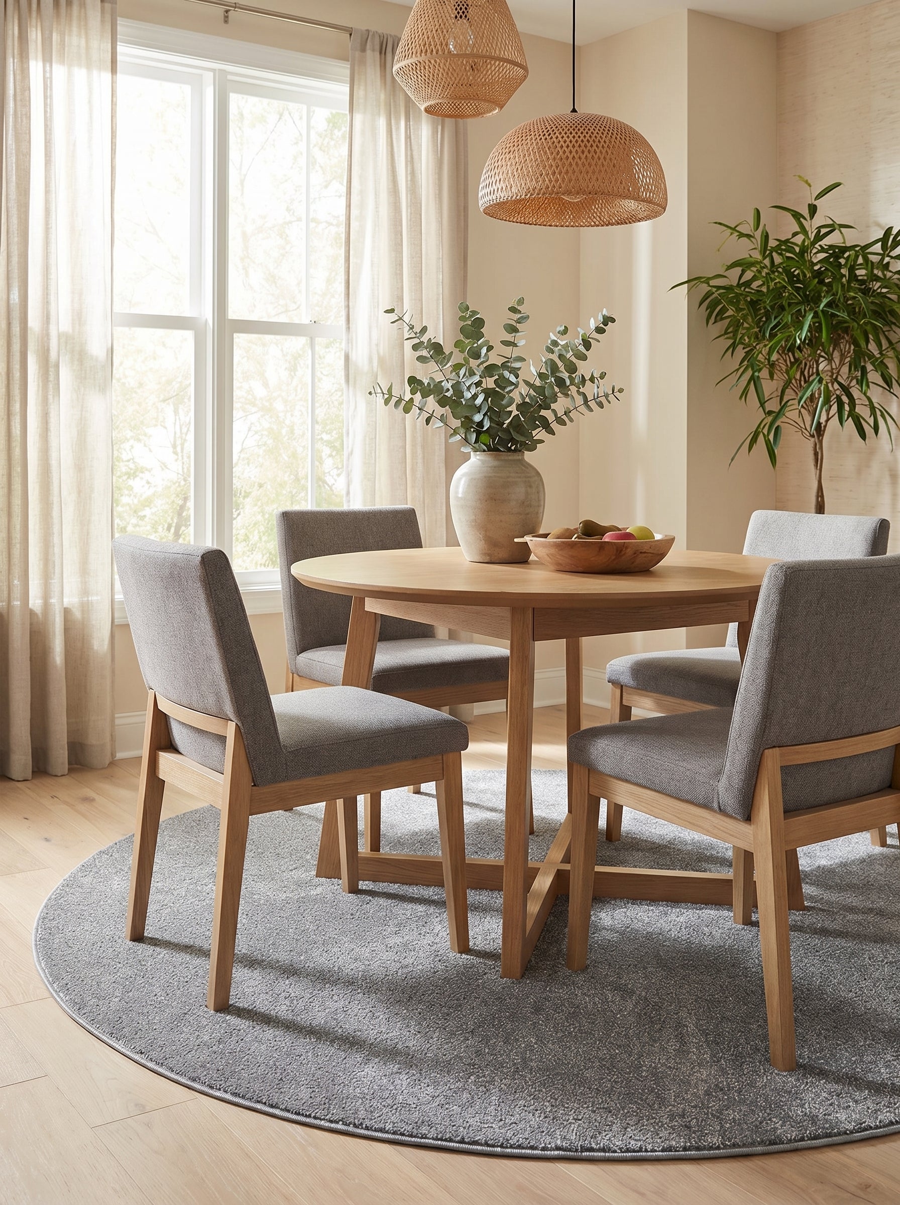 Tapis rond gris chiné à texture douce sous une table de salle à manger en bois, dans une pièce lumineuse