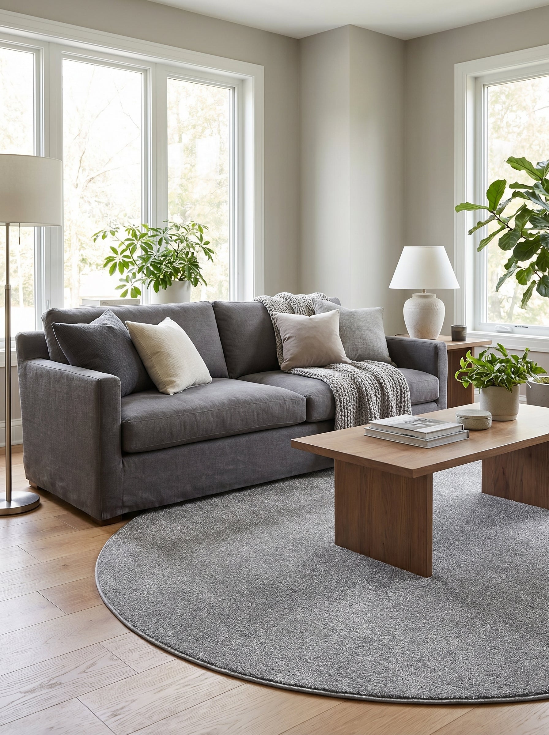 Tapis rond gris clair texturé et moucheté posé sur un parquet en bois dans un salon lumineux