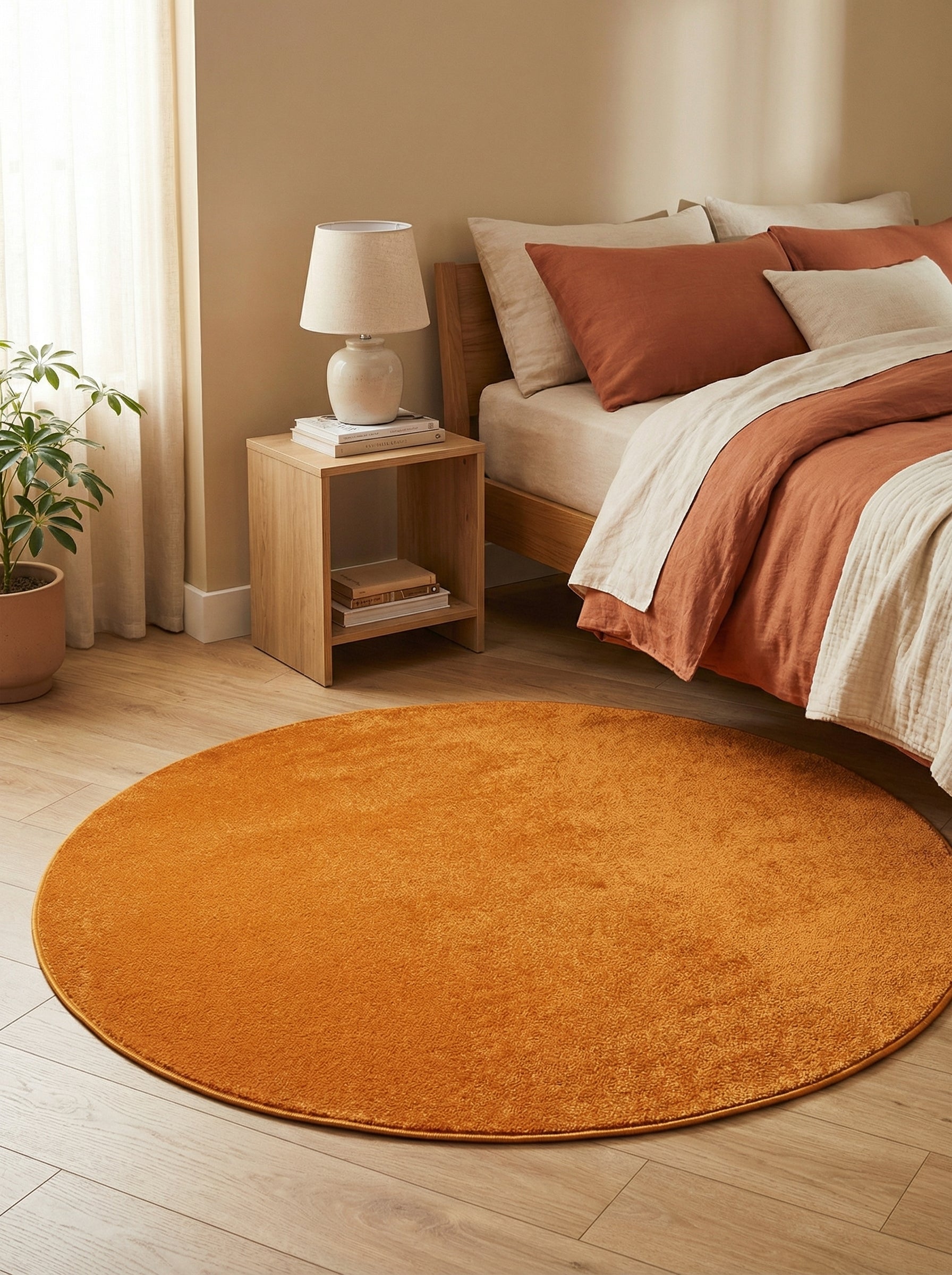 Tapis rond moelleux orange uni posé sur un parquet clair dans une chambre à coucher