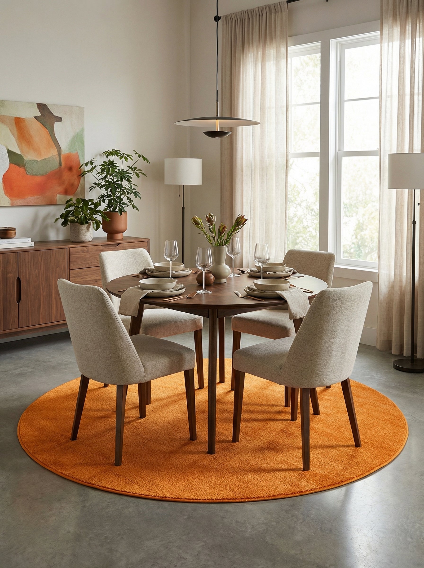 Tapis rond orange vif, à la texture douce et bouclée, posé sous une table de salle à manger dans une pièce lumineuse