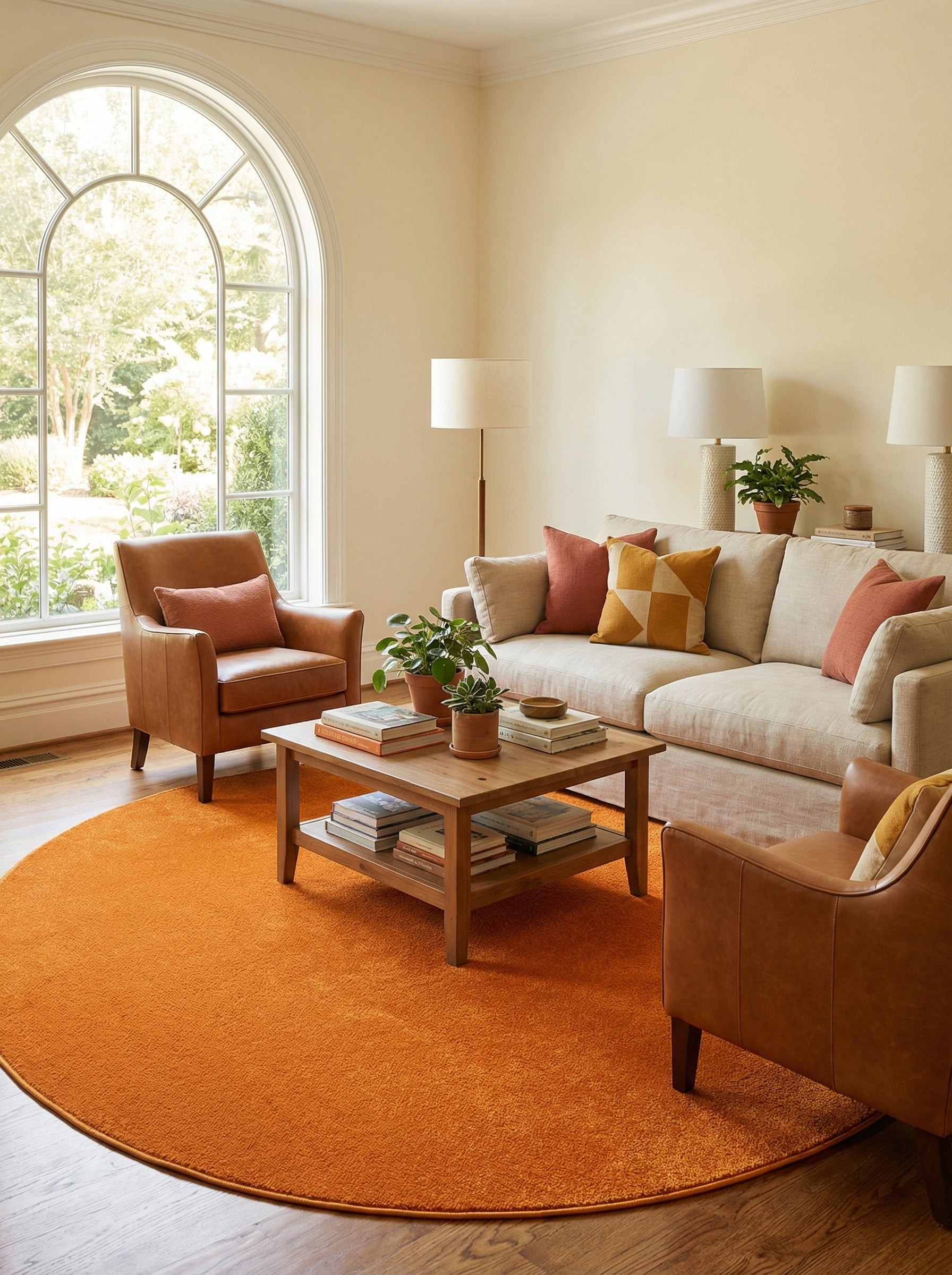 Tapis rond orange vif, à la texture unie et moelleuse, posé sur un parquet en bois clair dans un salon ensoleillé
