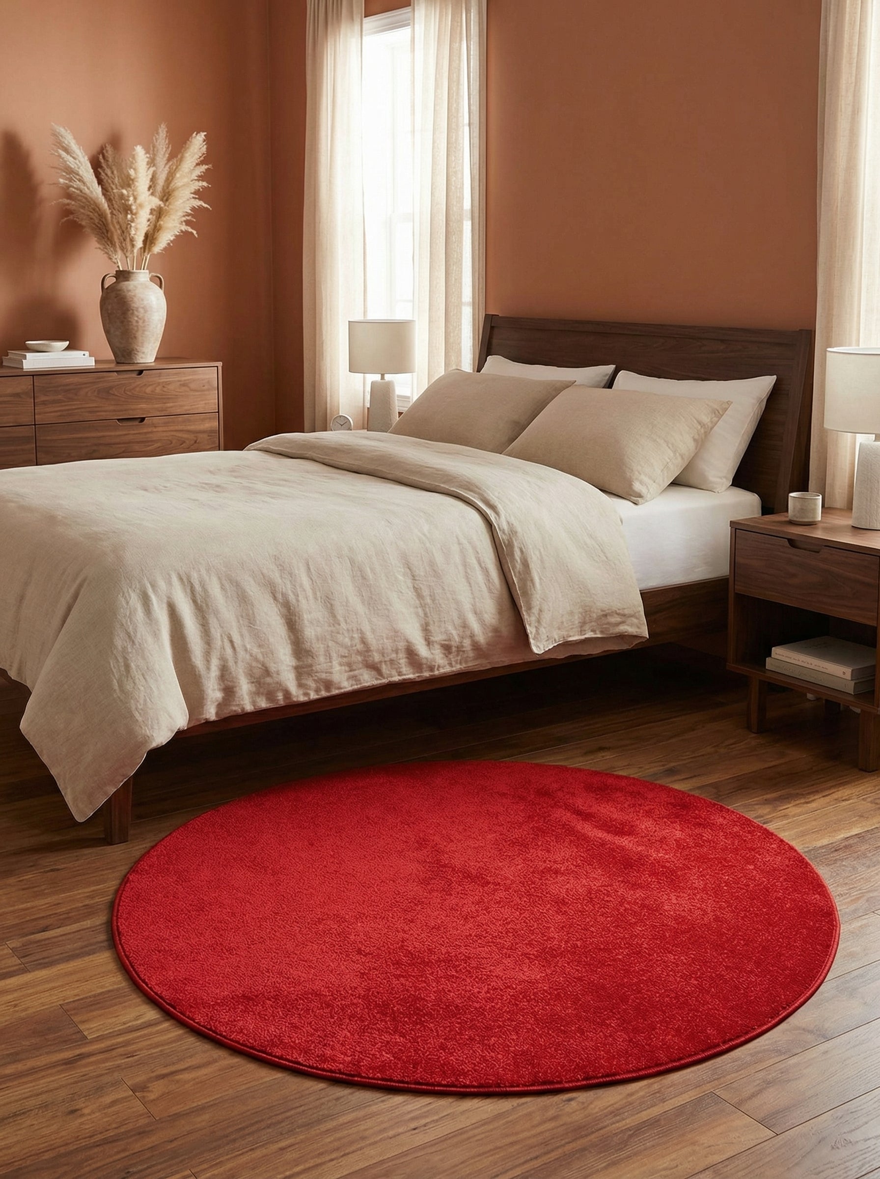 Tapis rond rouge vif à la texture douce posé sur un parquet en bois dans une chambre à coucher