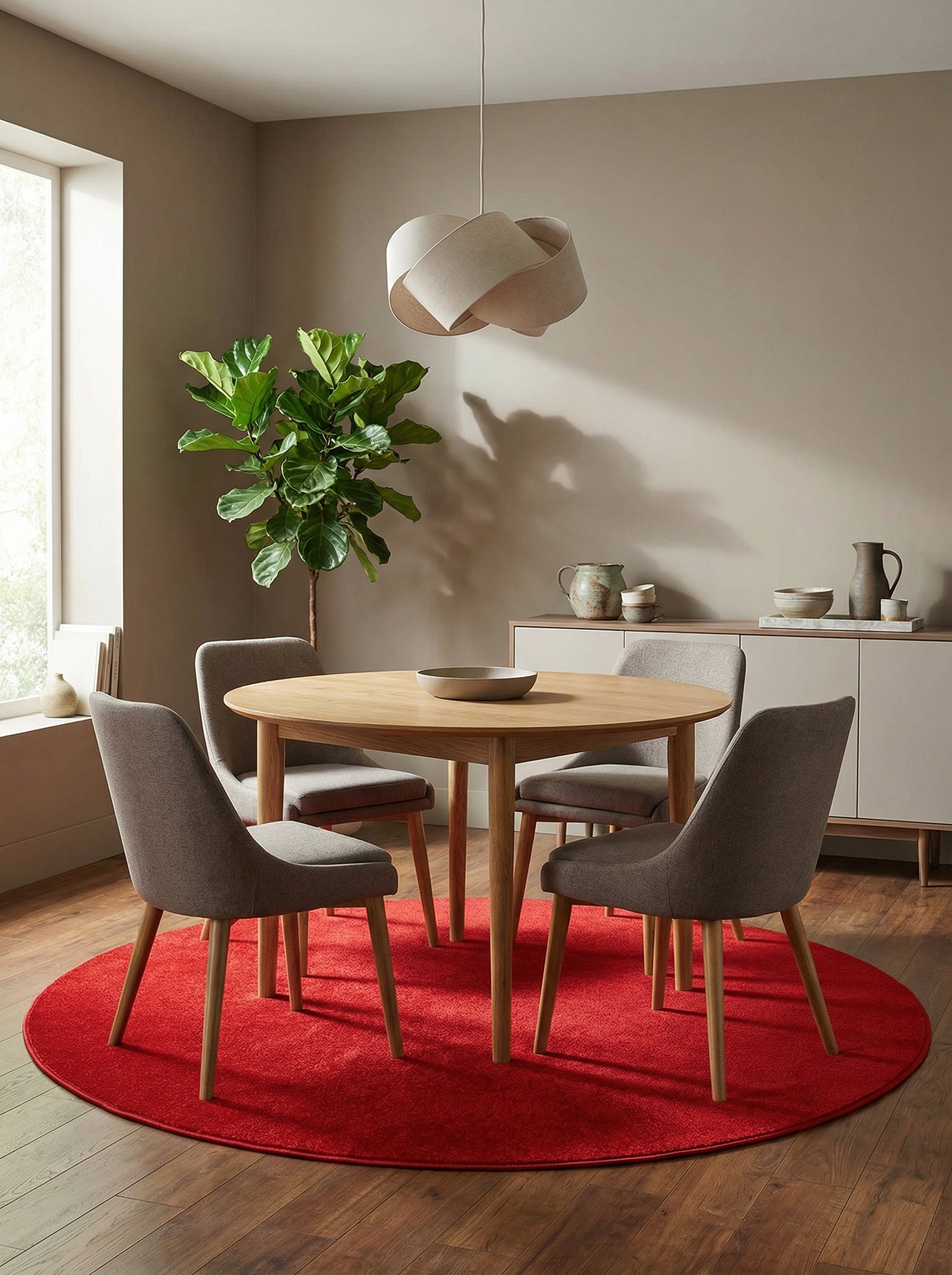 Tapis circulaire rouge vif à motif discret, sous une table à manger en bois dans un salon moderne