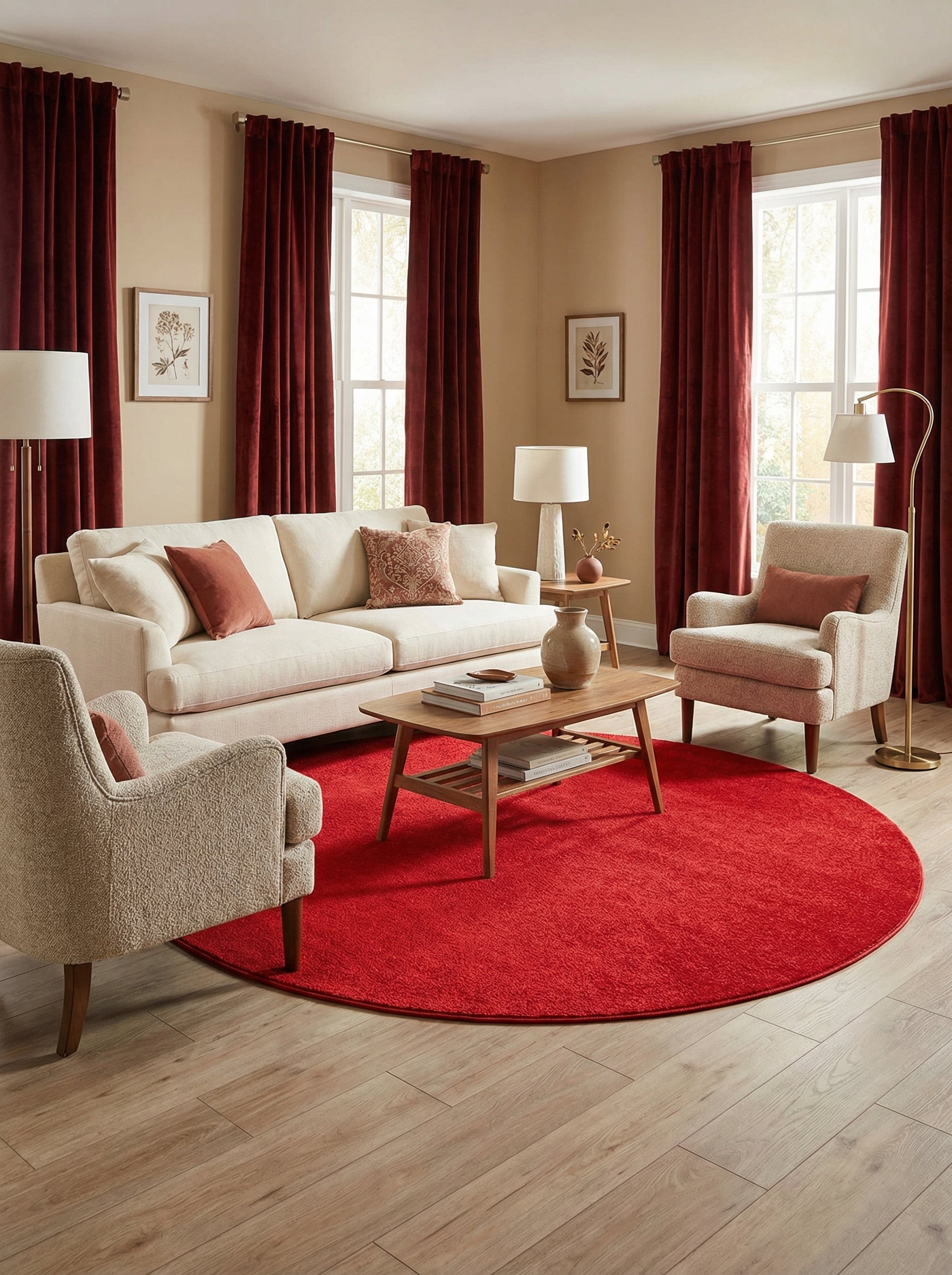 Tapis rond rouge vif à la texture douce, posé sur un parquet clair dans un salon élégant